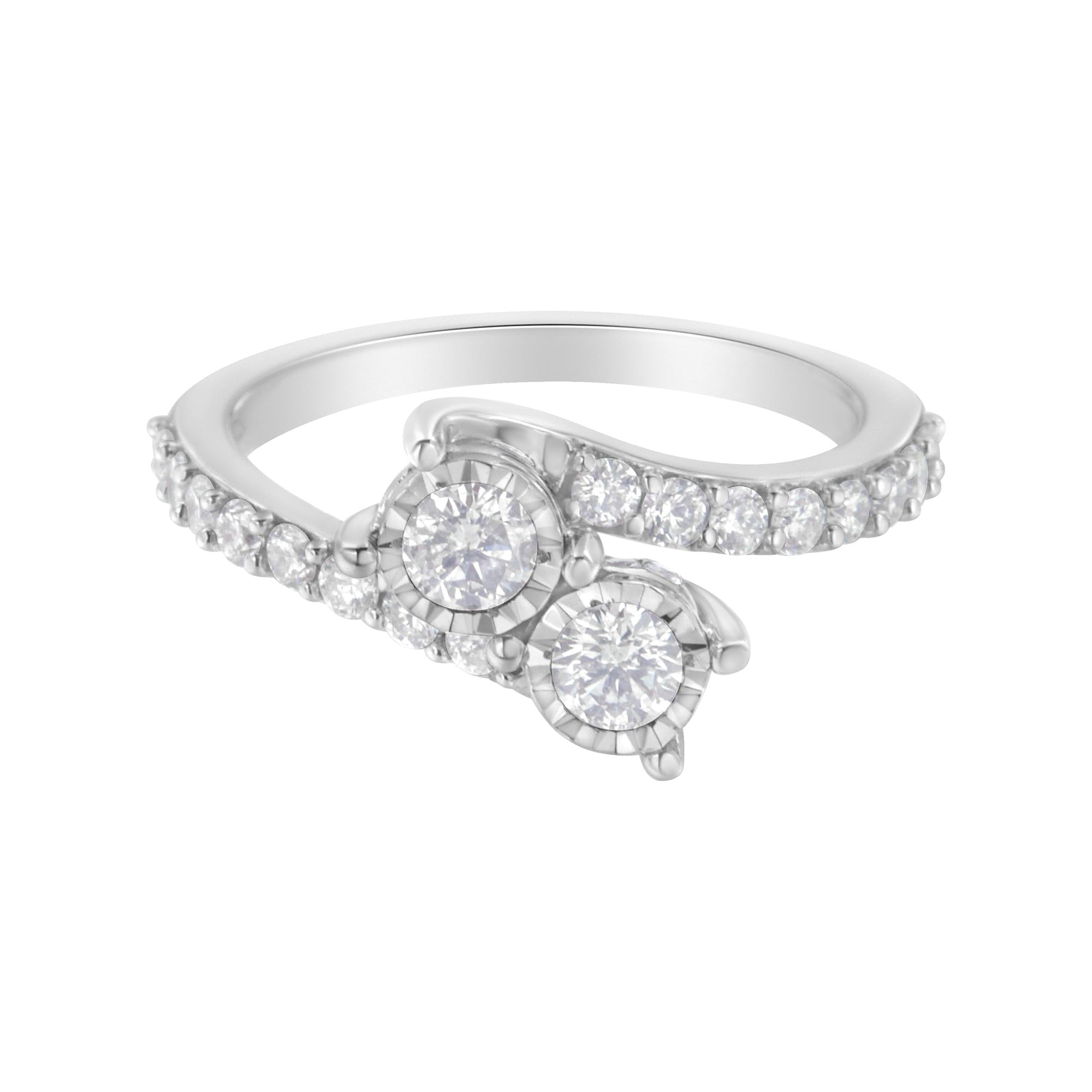 10K White Gold Two-Stone Miracle-Set Diamond Bypass Ring (1 Cttw, H-I Color, I1-I2 Clarity) - Friggin Jewelry