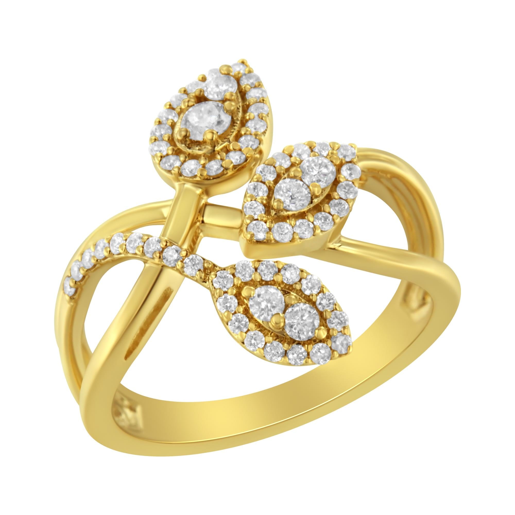 10K Yellow Gold 1/2 Cttw Round-Cut Diamond Layered Crossover Triple Leaf Bypass Ring (I-J Color, I1-I2 Clarity) - Friggin Jewelry