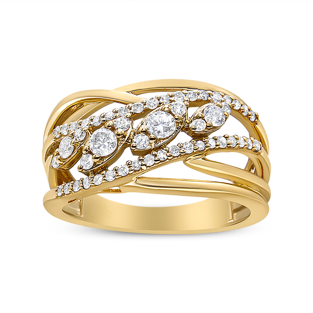 10K Yellow Gold 1/2 Cttw Round-Cut Multi Row Diamond Split Shank Cocktail Ring (H-I Color, SI2-I1 Clarity) - Friggin Jewelry
