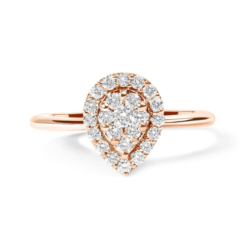 Anello con promessa Halo in oro rosa 10 carati con diamanti compositi da 3/8 carati a forma di pera (colore IJ, purezza I2-I3) - Friggin Jewelry