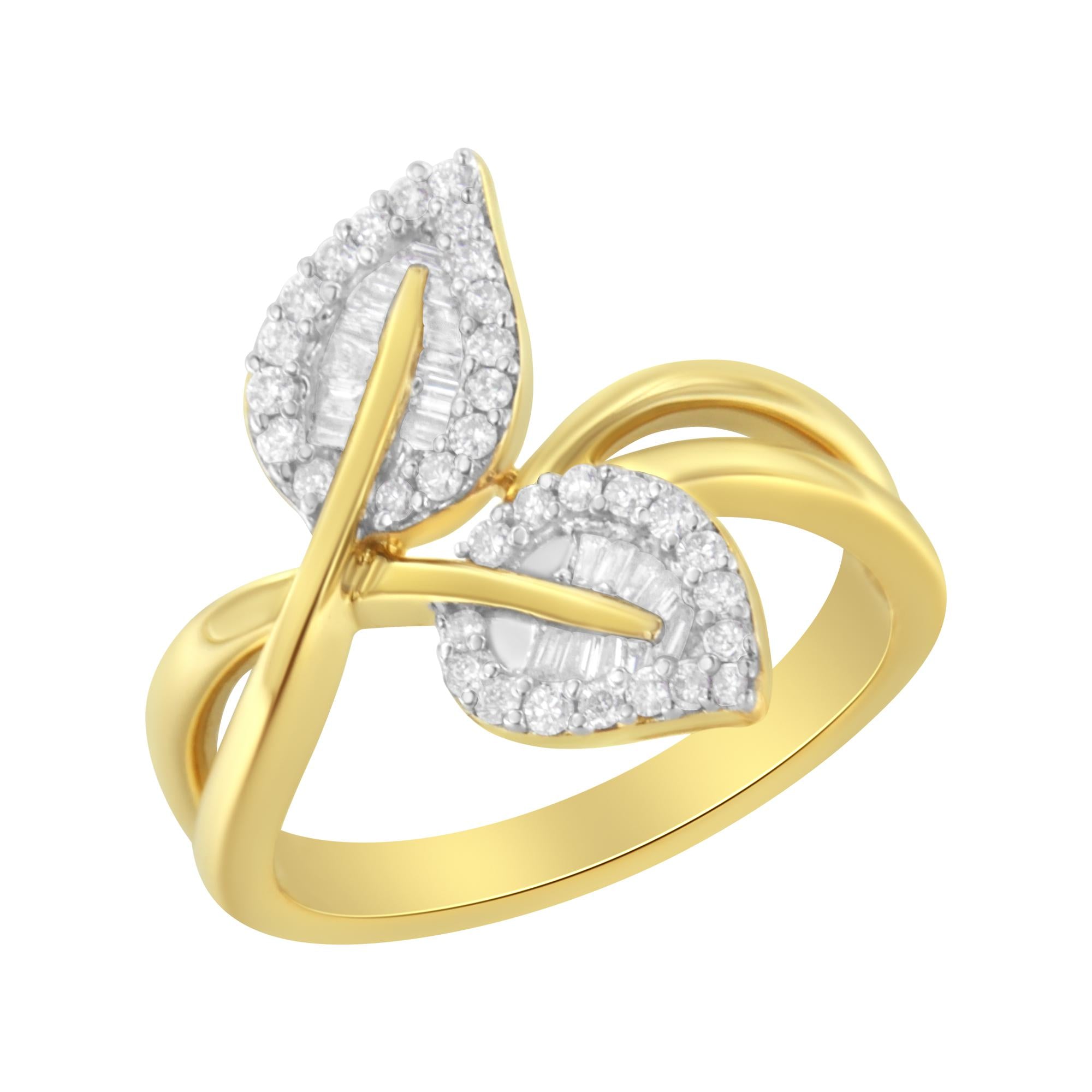 10K Yellow Gold 3/8 Cttw Round and Baguette-Cut Diamond Leaf Cocktail Ring (I-J Color, I1-I2 Clarity) - Friggin Jewelry