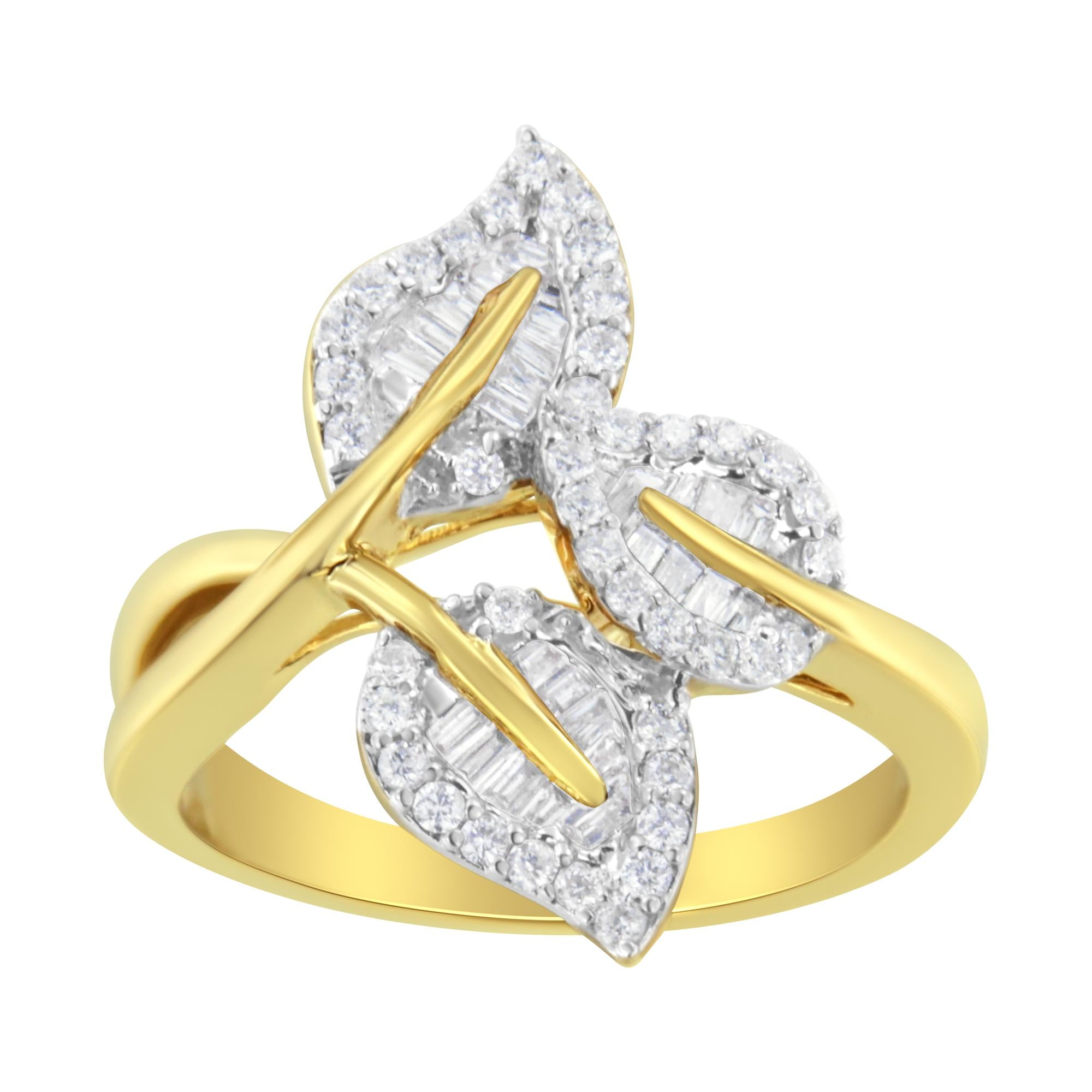 10k Yellow and White Gold 1/2 Cttw Baguette and Round Diamond Bypass Triple Leaf Ring (I-J Color, I1-I2 Clarity) - Friggin Jewelry