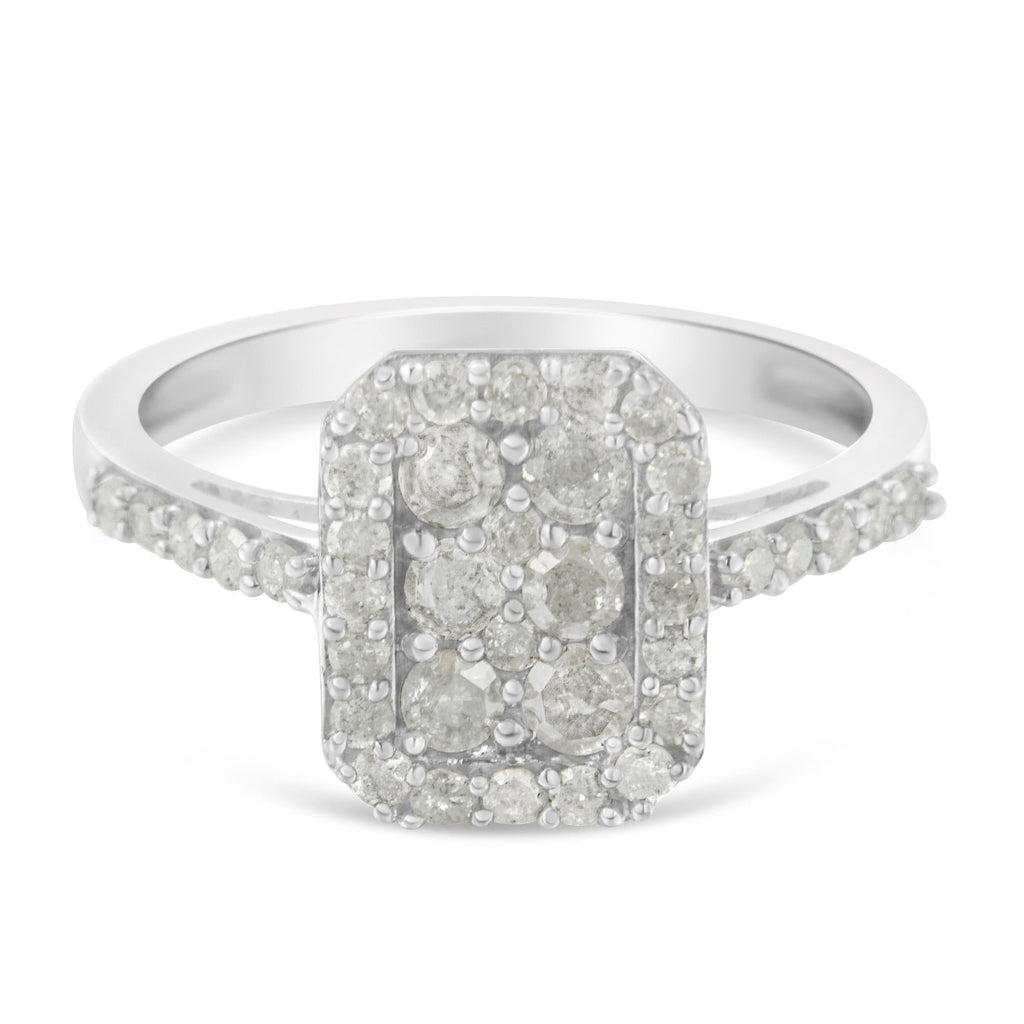 .925 Sterling Silver 1.0 Cttw Diamond Emerald-Shaped Cluster with Halo Cathedral Style Cocktail Ring (I-J Color, I3 Clarity) - Friggin Jewelry