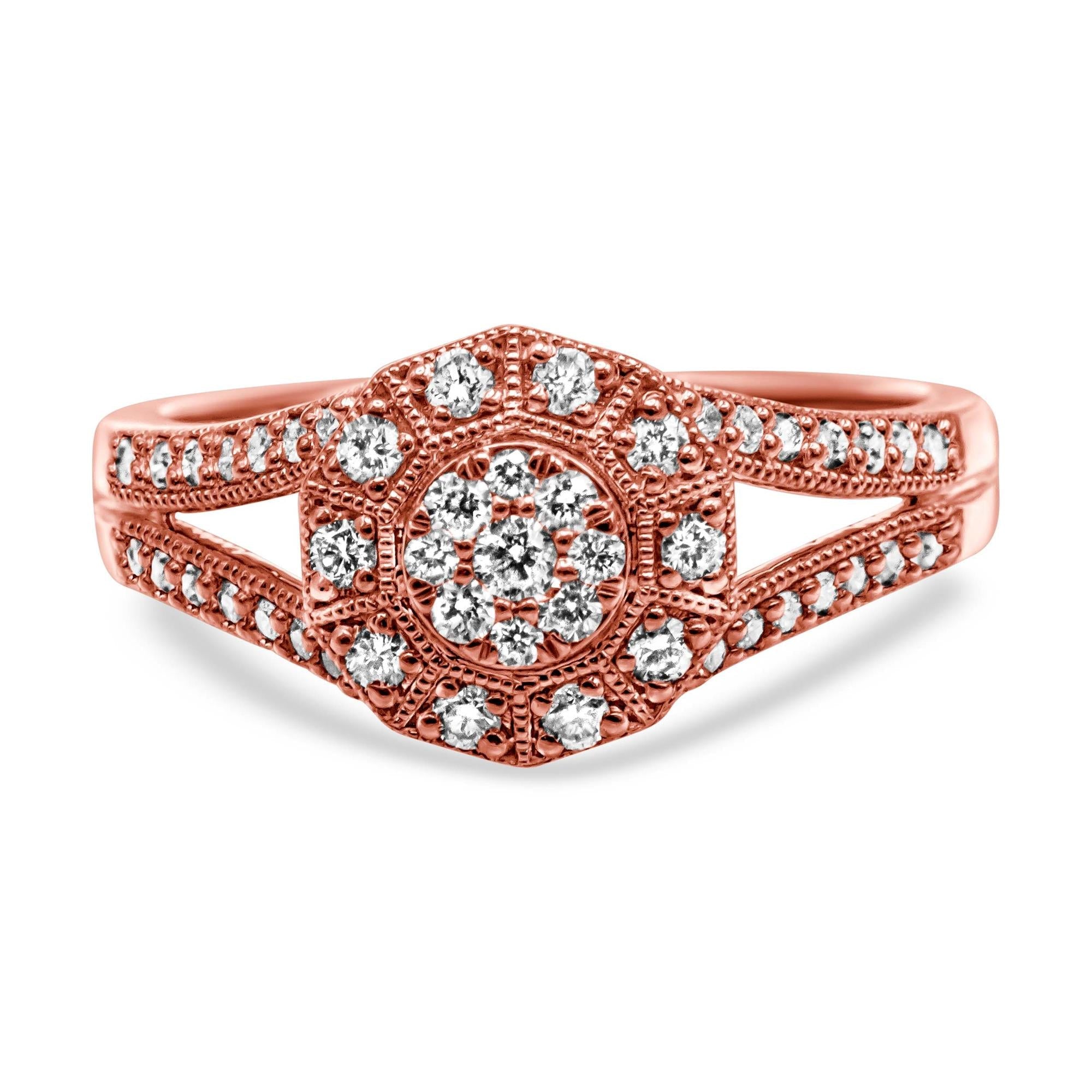 14K Rose Gold Plated .925 Sterling Silver 1/2 Cttw Pave Diamond Halo Cluster Split Shank Cocktail Ring (I-J Color, I1-I2 Clarity) - Friggin Jewelry