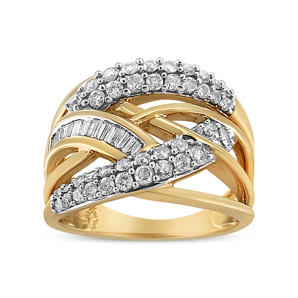 10K Yellow and White Gold 1.0 Cttw Round and Baguette-Cut Diamond Multirow Interwoven Cocktail Ring (I-J Color, I2-I3 Quality) - Friggin Jewelry