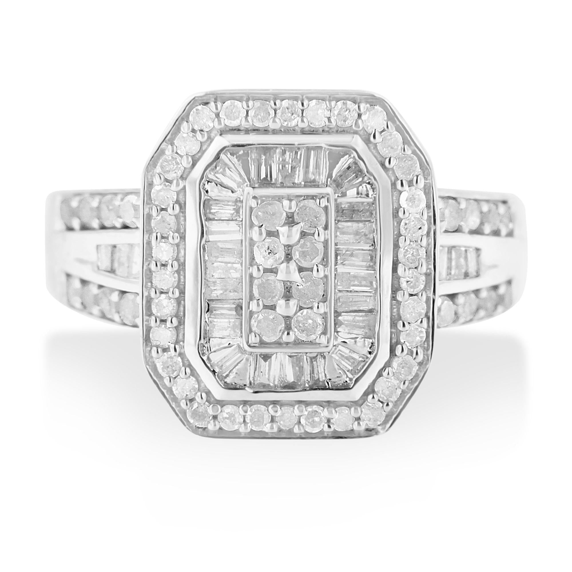 Anillo de cóctel octogonal alargado con diamantes de talla baguette y redondos de 1,0 quilates en plata de ley 925 (color HI, claridad I2-I3) - Friggin Jewelry