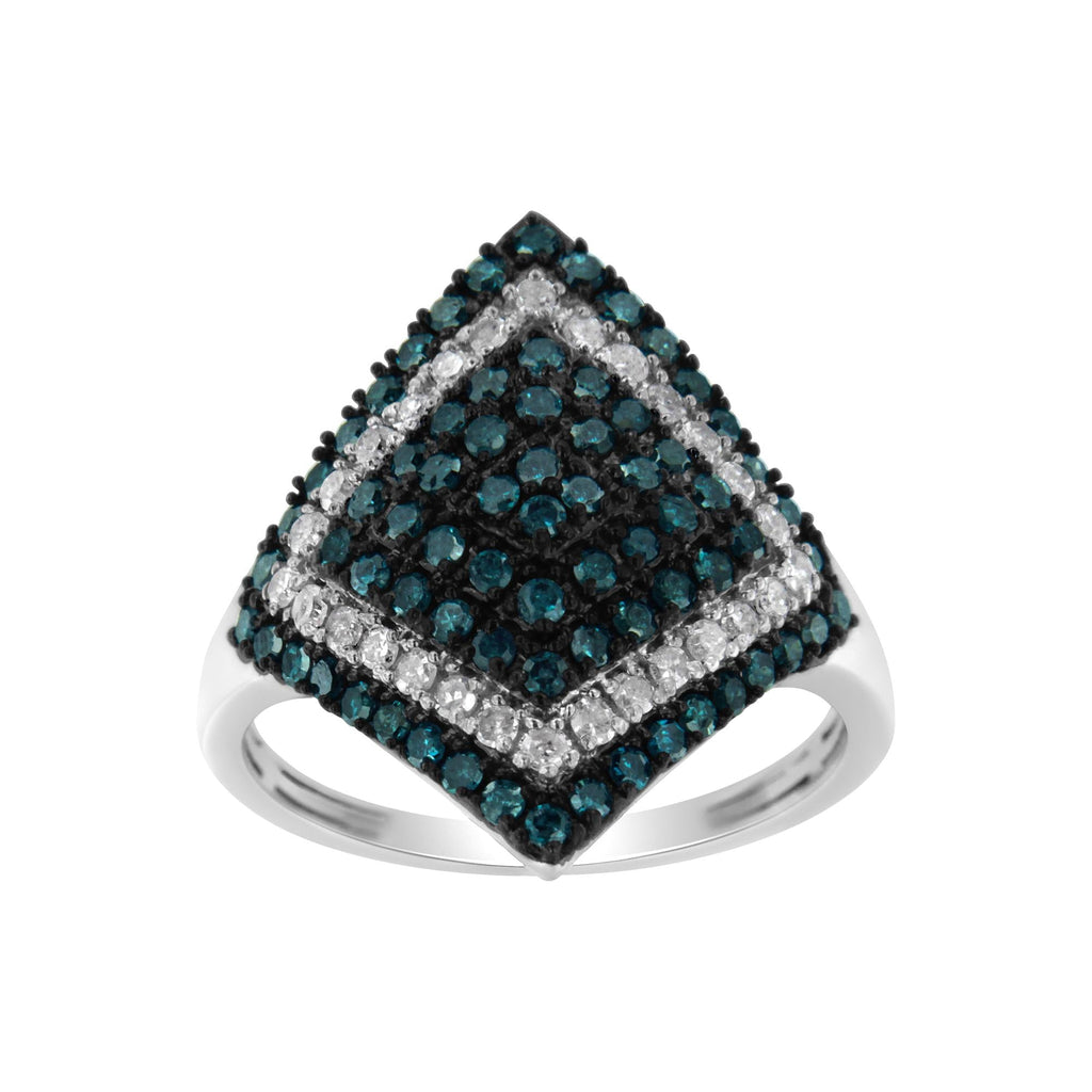 .925 Sterling Silver 1 cttw White and Treated Blue Diamond Rhombus Cocktail Ring (Blue, I3) - Friggin Jewelry