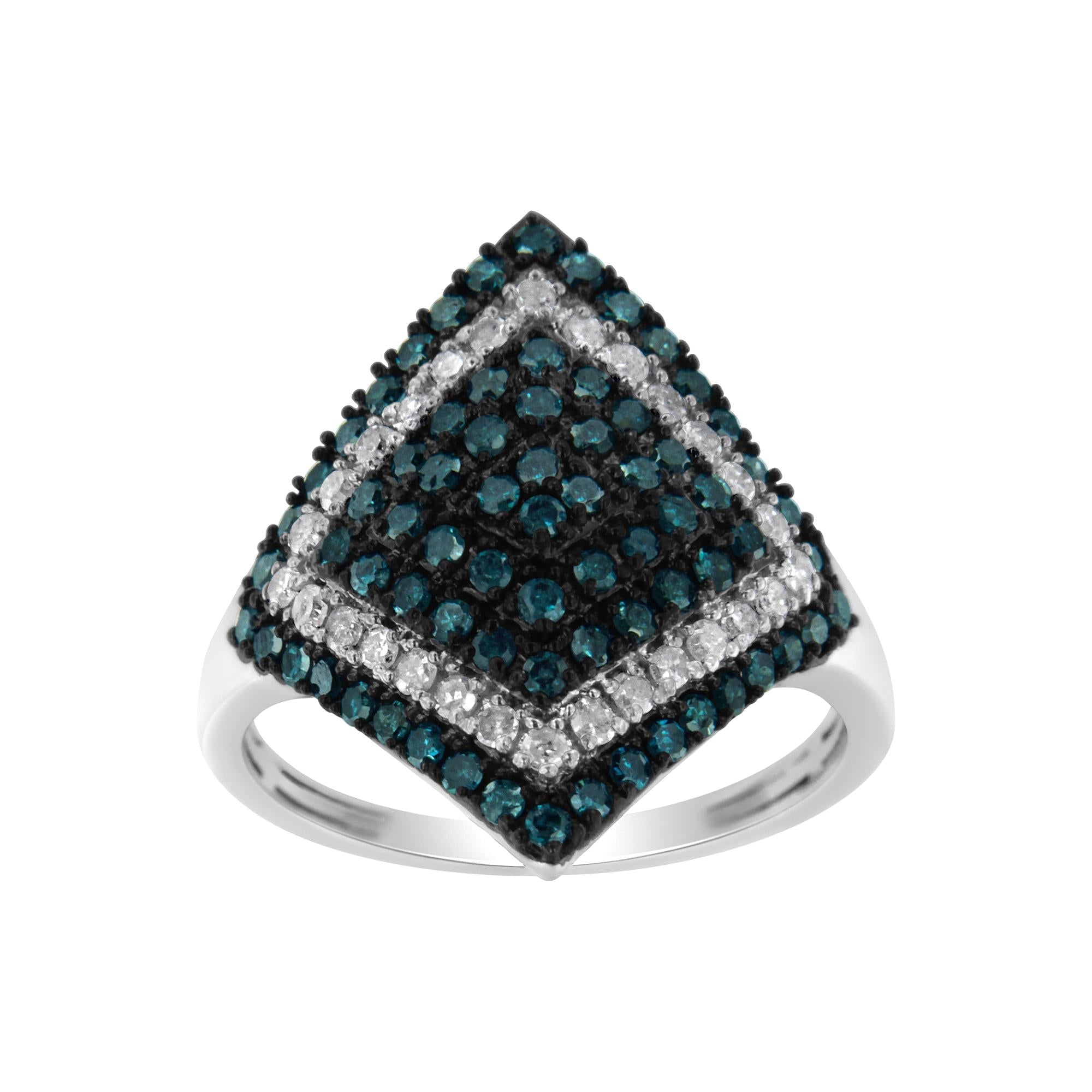 .925 Sterling Silver 1 cttw White and Treated Blue Diamond Rhombus Cocktail Ring (Blue, I3) - Friggin Jewelry