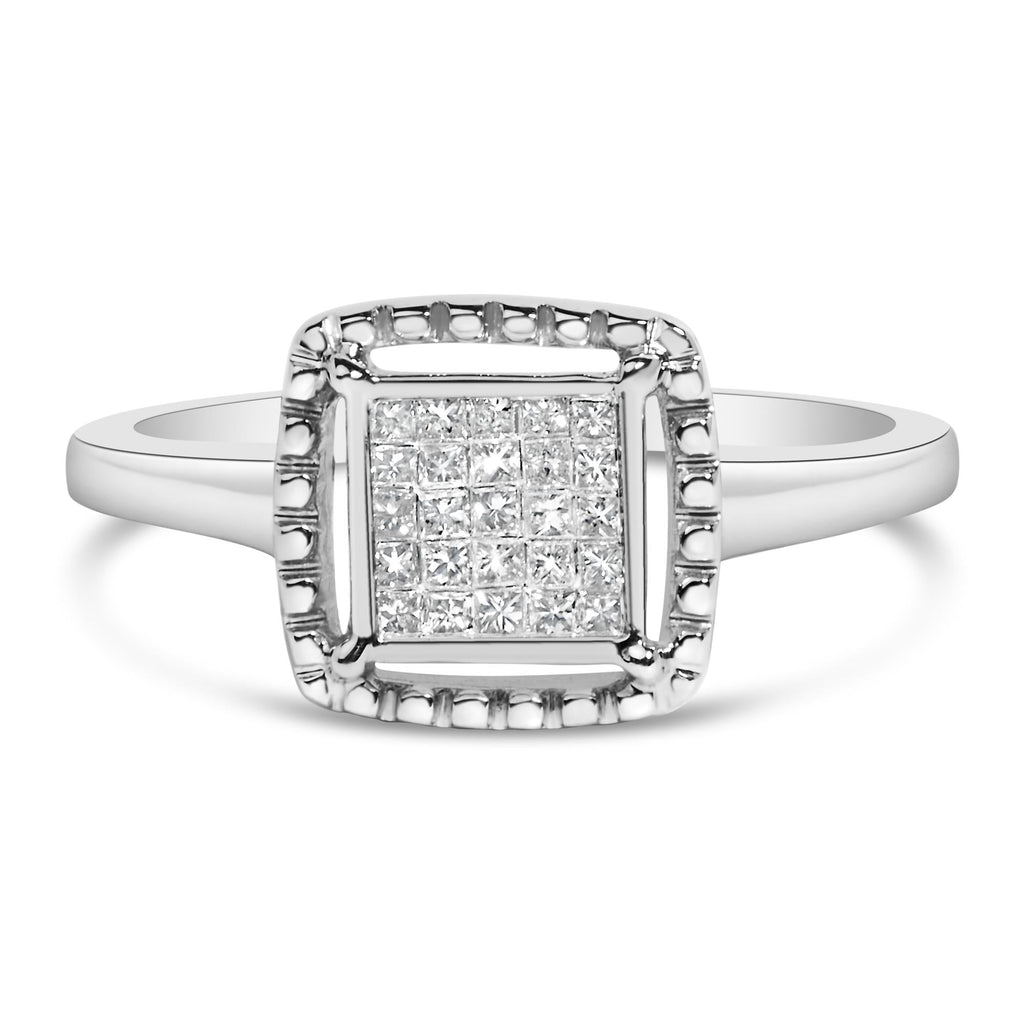 .925 Sterling Silver 1/5 Cttw Invisible Set Princess Cut Diamond Promise Ring with Beaded Halo (H-I Color, I1-I2 Clarity) - Friggin Jewelry