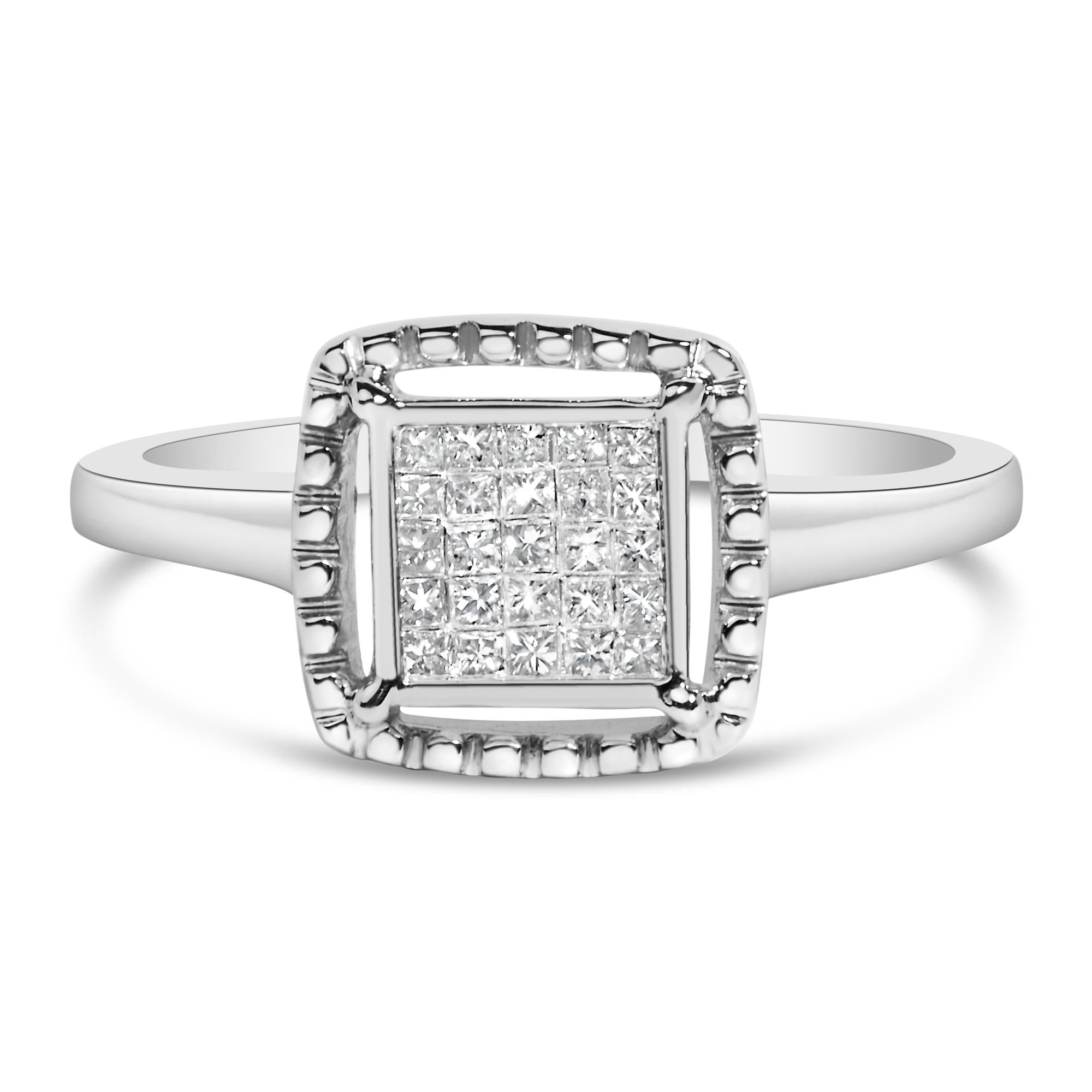 .925 Sterling Silver 1/5 Cttw Invisible Set Princess Cut Diamond Promise Ring with Beaded Halo (H-I Color, I1-I2 Clarity) - Friggin Jewelry