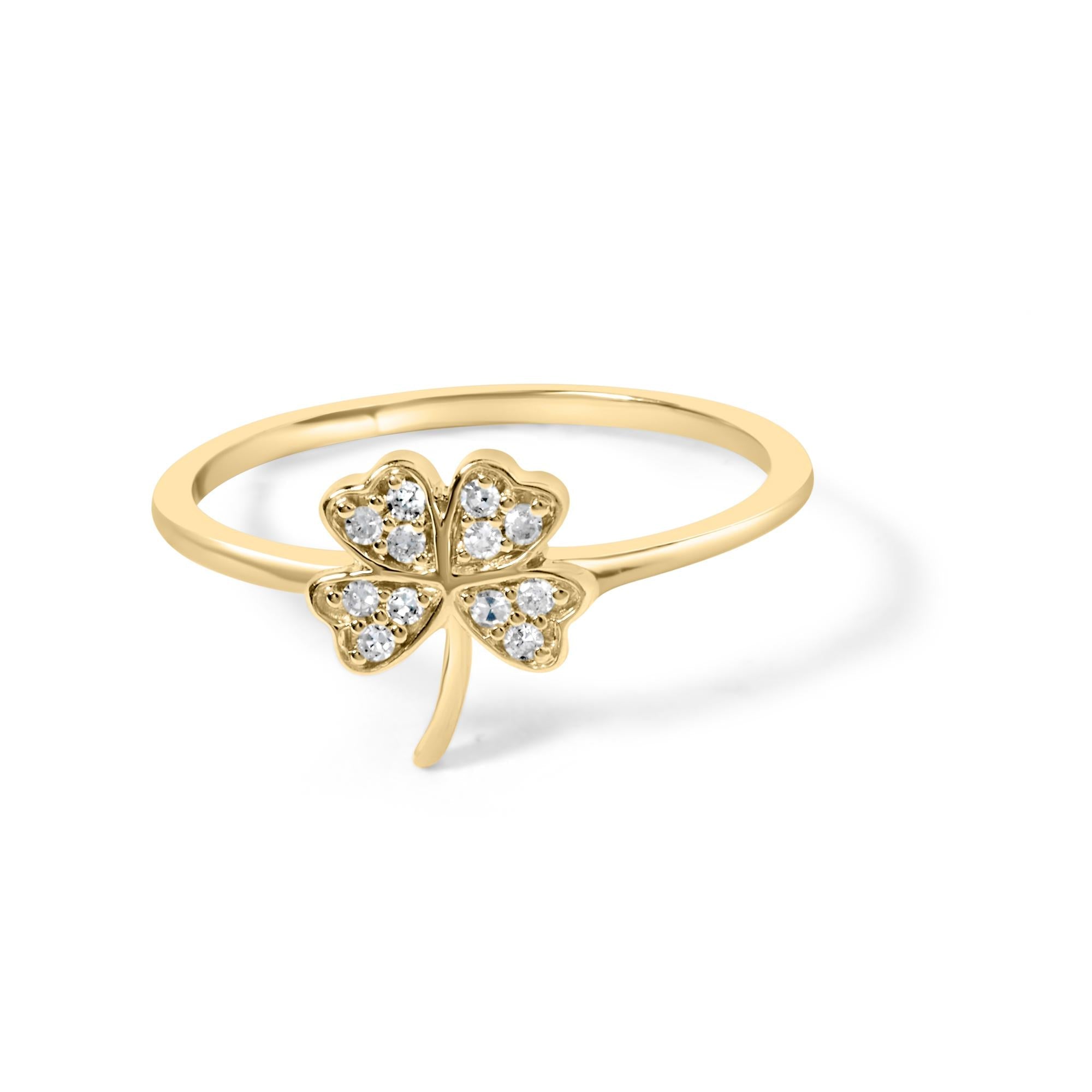 Anillo de trébol de cuatro hojas con detalles de diamantes en oro amarillo de 10 quilates (color HI, claridad I1-I2) - Friggin Jewelry