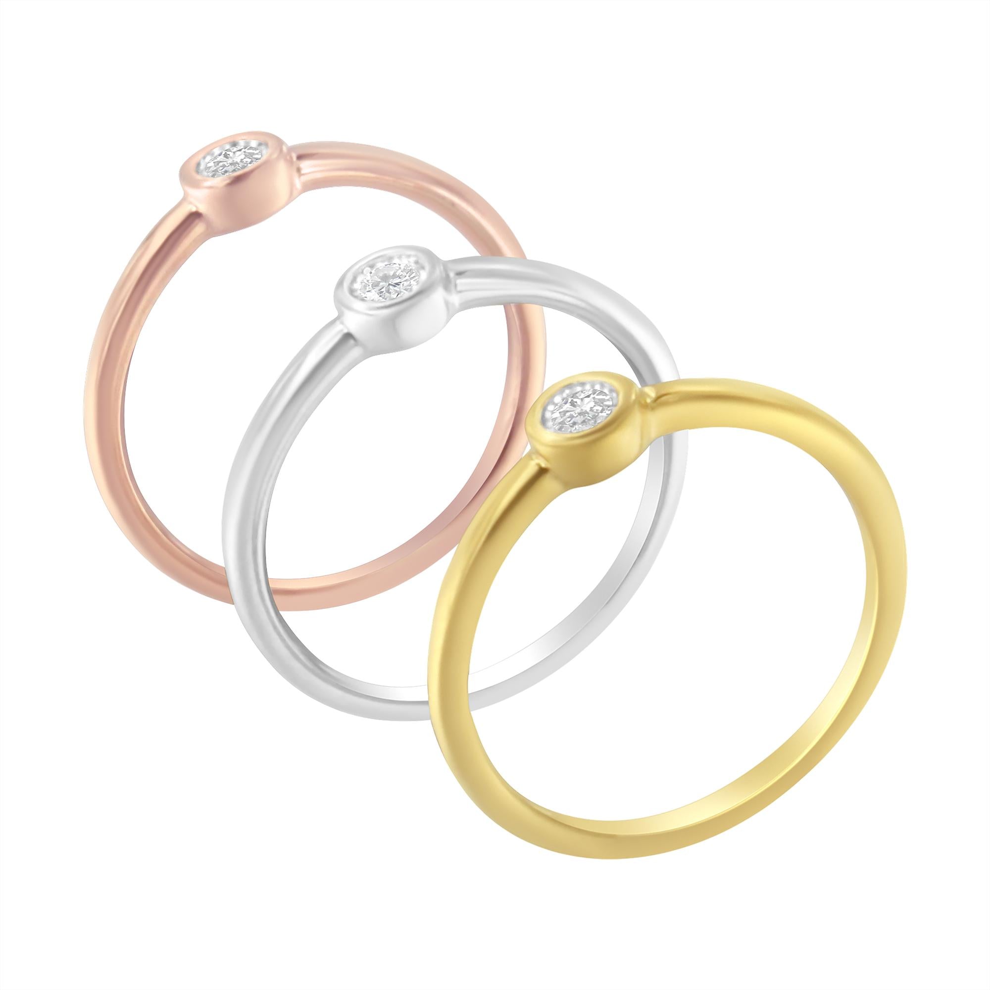 Tri-Color 14K Gold Plated .925 Sterling Silver 1/6 Cttw Round Miracle-Set Diamond Stacking Promise Ring Set (J-K Color, I1-I2 Clarity) - Friggin Jewelry