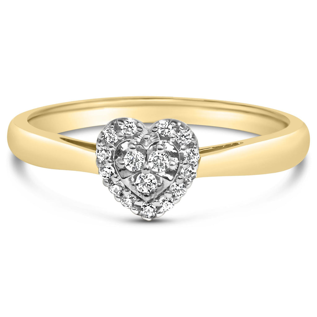 Anillo de compromiso con forma de corazón de diamantes de talla redonda de 1/10 quilates y baño de oro amarillo de 14 quilates en plata de ley 925 (color IJ, claridad I3) - Friggin Jewelry