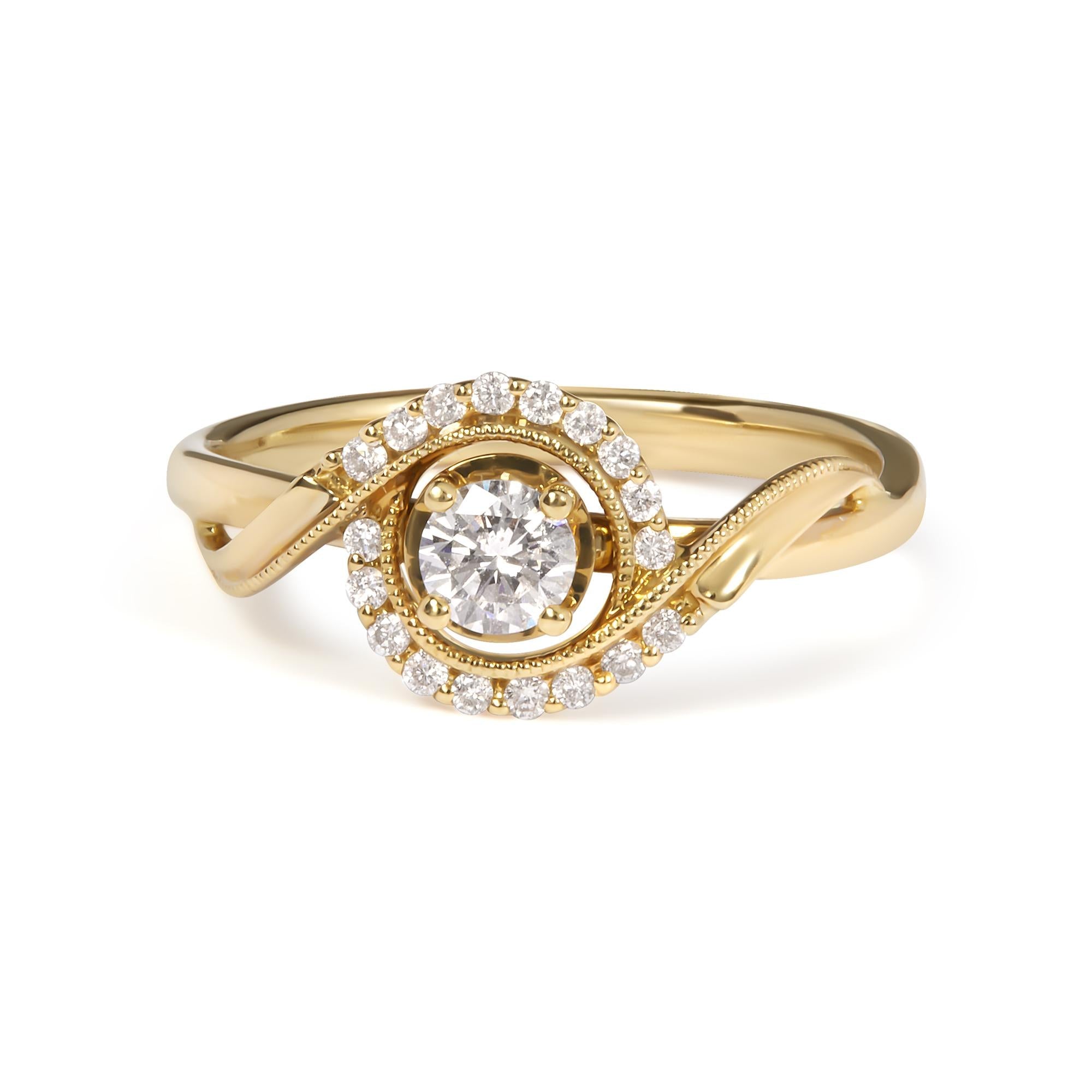 14K Yellow Gold 1/3 Cttw Diamond Solitaire and Halo Swirl Engagement Ring (G-H Color, VS2-SI1 Clarity)- Size 7 - Friggin Jewelry Premium