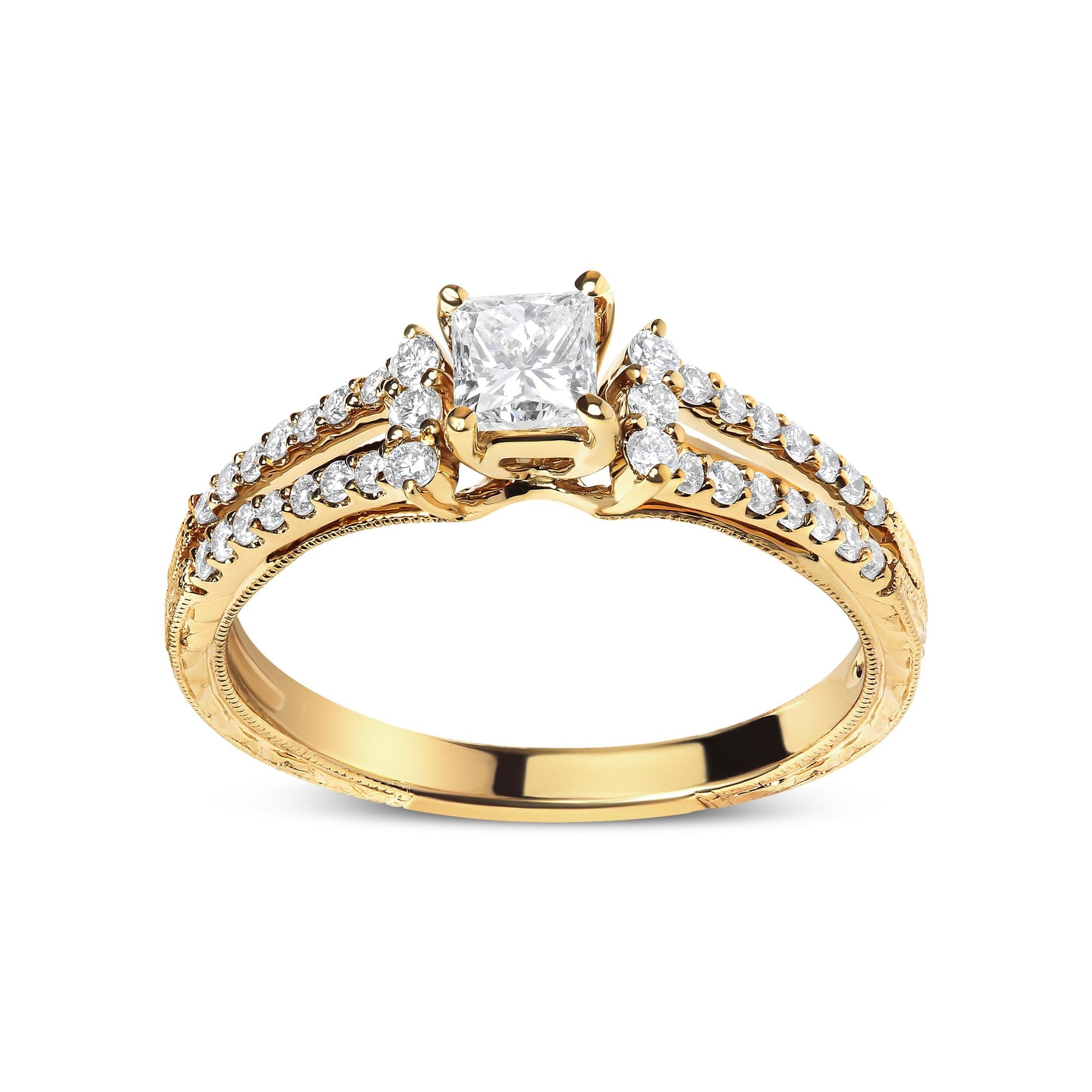 14K Yellow Gold Diamond 5/8 Cttw Princess Diamond Split Shank and Milgrain Engagement Ring (G-H Color, VS2-SI1 Clarity) - Size 7 - Friggin Jewelry Premium