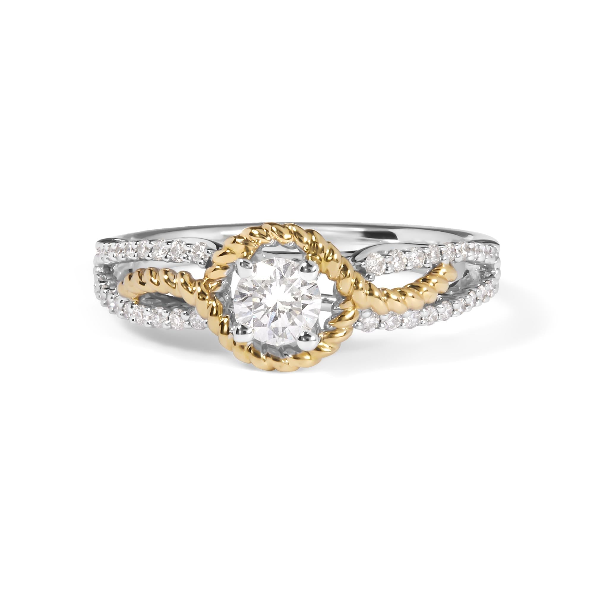14K Two-Toned Gold Diamond 3/8 Cttw Diamond Split Shank and Beaded Halo Engagement Ring (G-H Color, VS2-SI1 Clarity) - Size 7 - Friggin Jewelry Premium