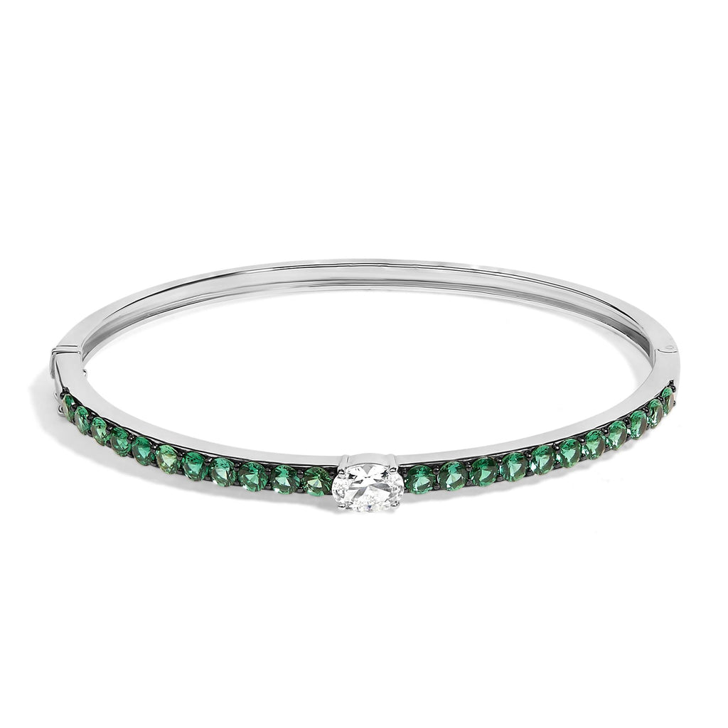 .925 Sterling Silver Created Sapphire and Emerald Semi Eternity Bangle Bracelet - 7" Inches - Friggin Jewelry
