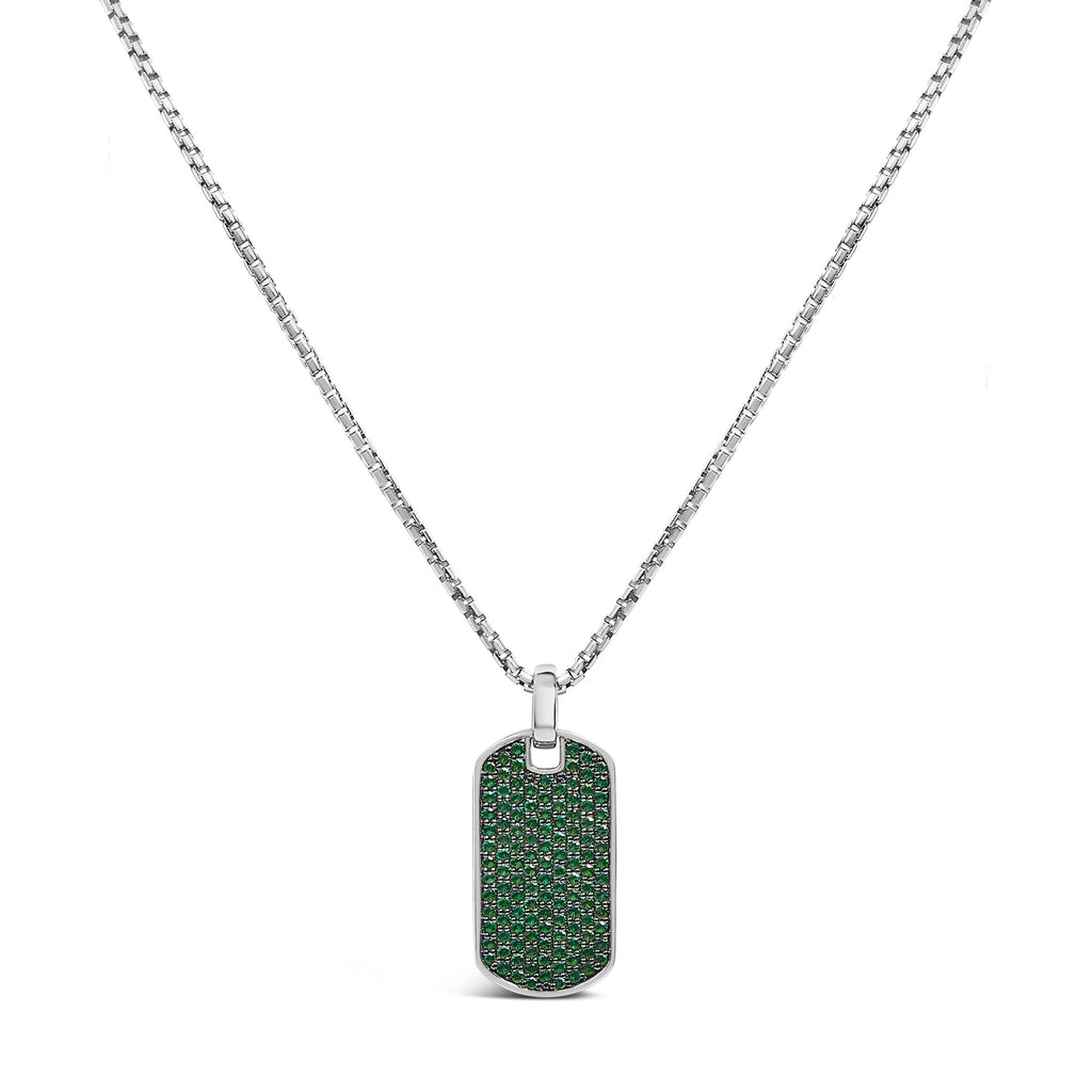 Men's .925 Sterling Silver Created Green Emerald Dog Tag Pendant Necklace - 22" Inches - Friggin Jewelry