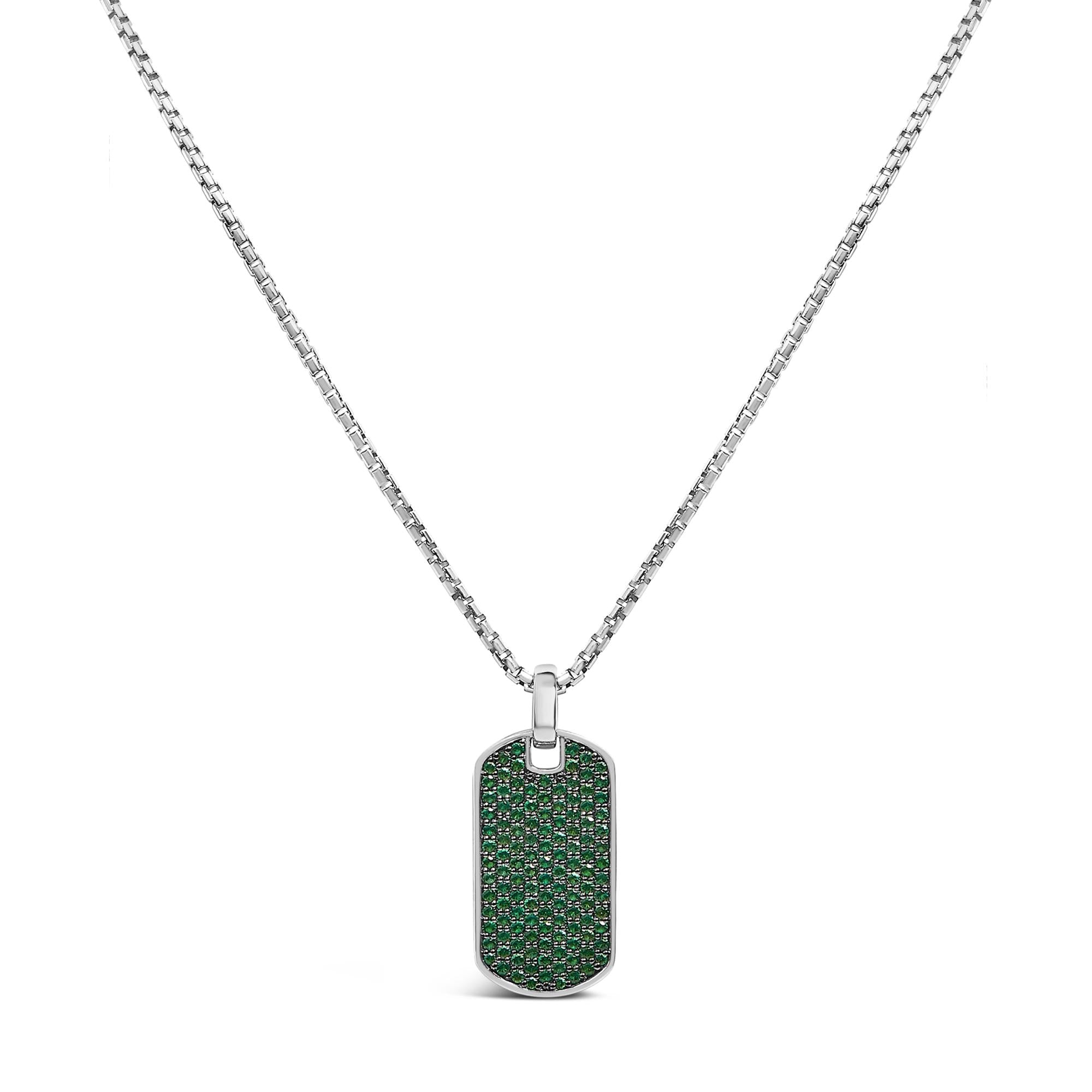 Men's .925 Sterling Silver Created Green Emerald Dog Tag Pendant Necklace - 22" Inches - Friggin Jewelry