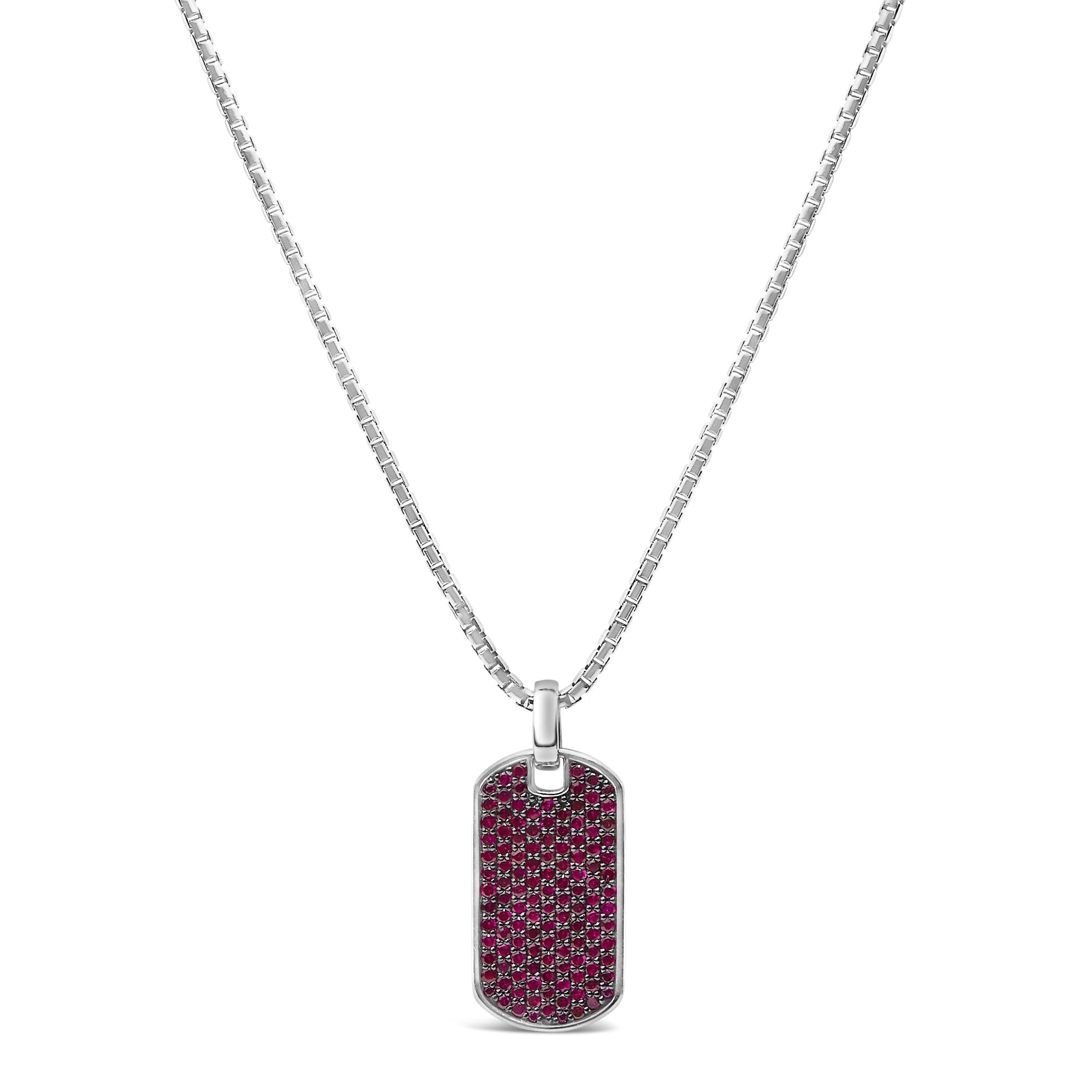 Men's .925 Sterling Silver Created Red Ruby Dog Tag Pendant Necklace - 22" Inches - Friggin Jewelry