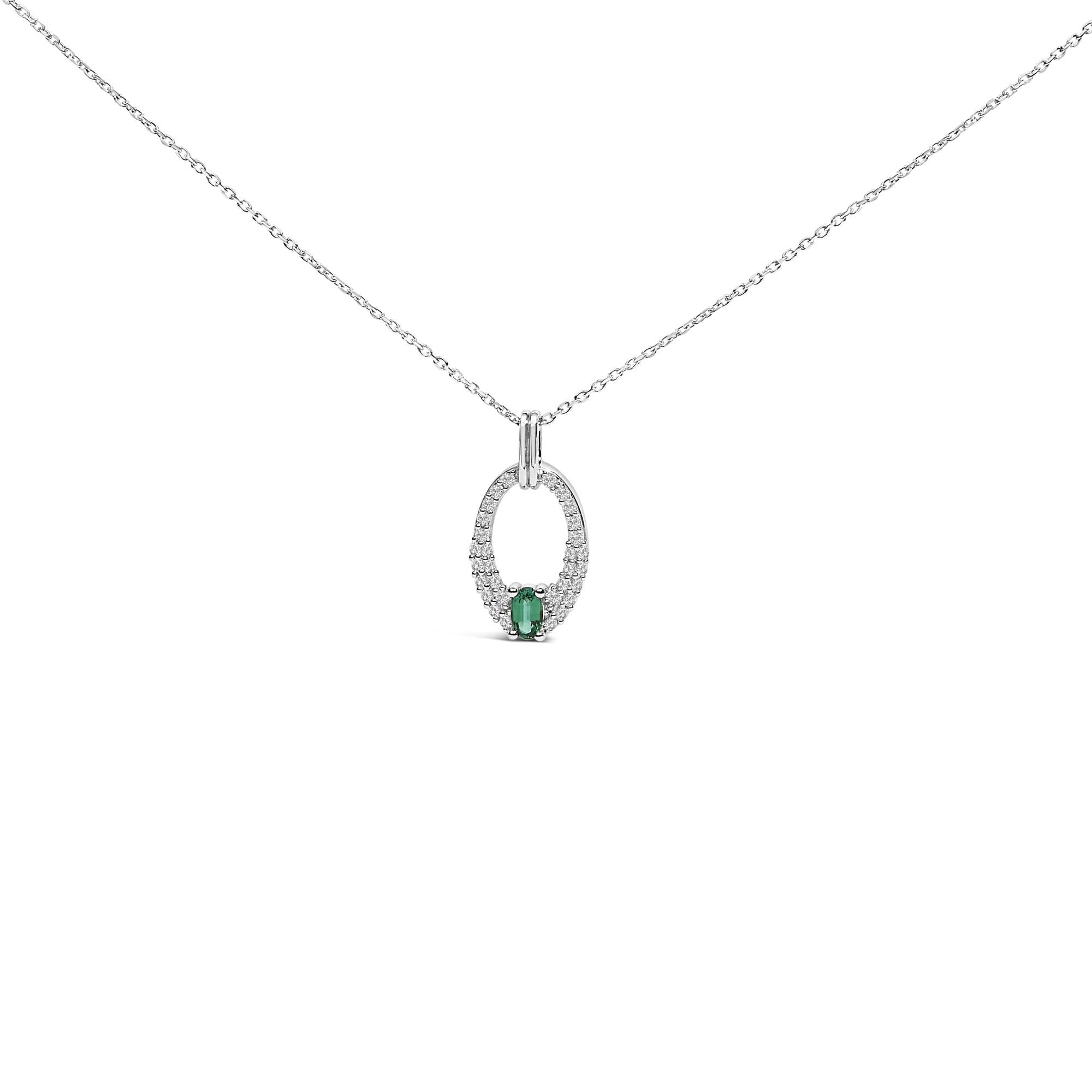 .925 Sterling Silver Created Green Emerald and White Sapphire Oval Shaped Pendant Necklace - 18" Inches - Friggin Jewelry