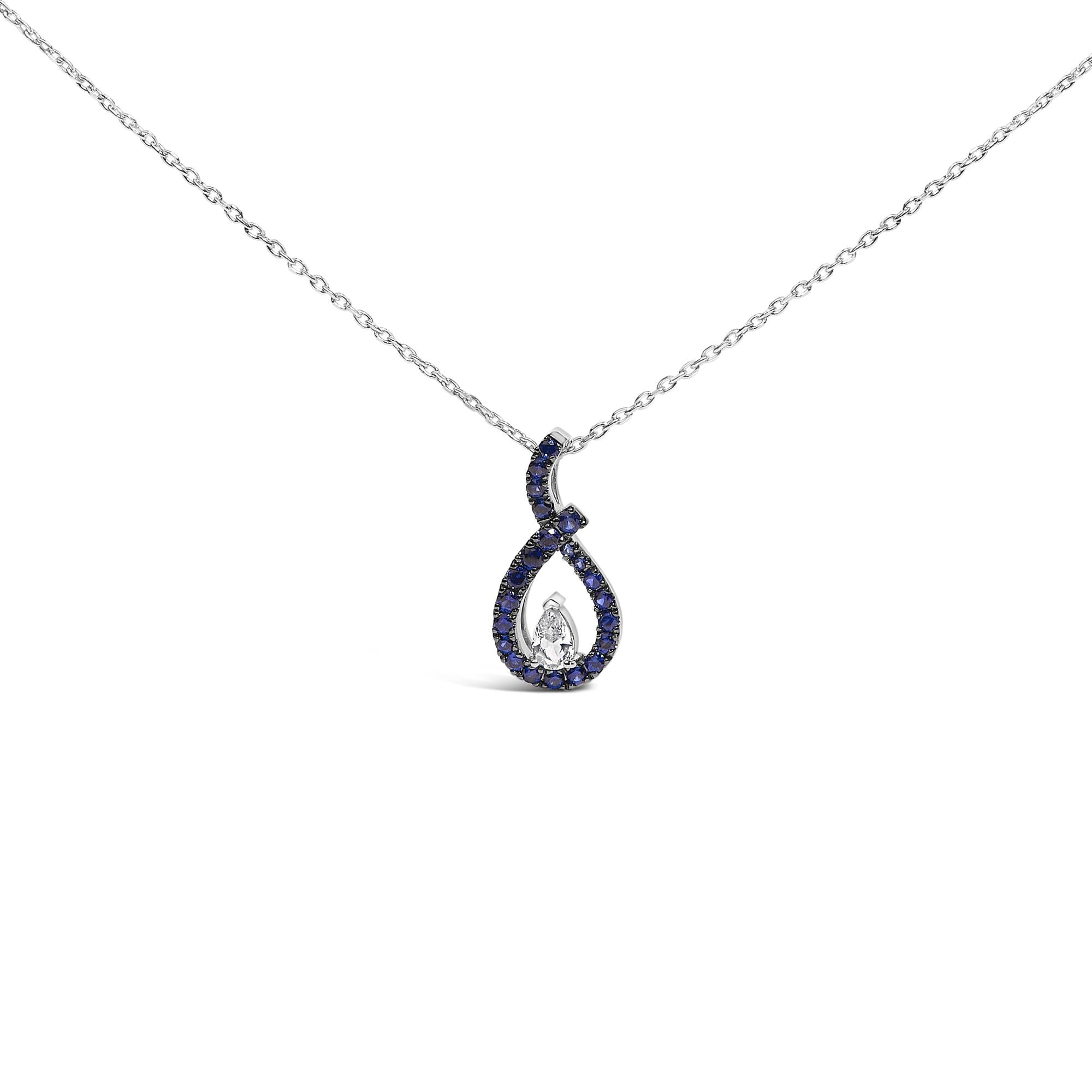 Collar con colgante en forma de lágrima de zafiro azul y blanco creado en plata de ley 925 - 45,7 cm - Friggin Jewelry