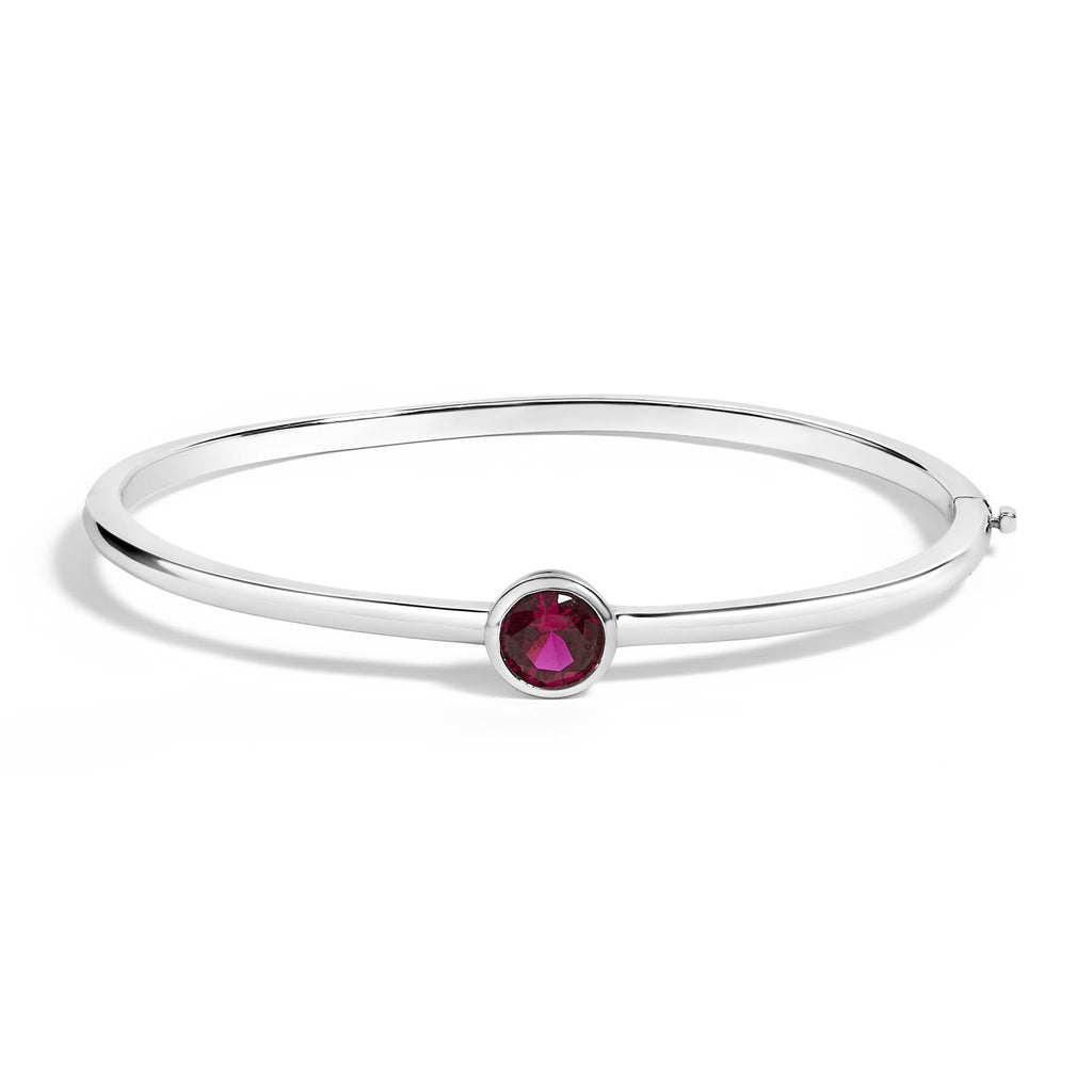 .925 Sterling Silver 7X7MM Created Red Ruby Solitaire Bangle Bracelet - 7 Inches - Friggin Jewelry