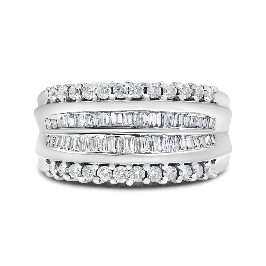 Anello moderno in oro bianco 14 carati con diamanti taglio baguette e taglio rotondo da 1,00 ct (colore HI, purezza SI2-I1) - Friggin Jewelry