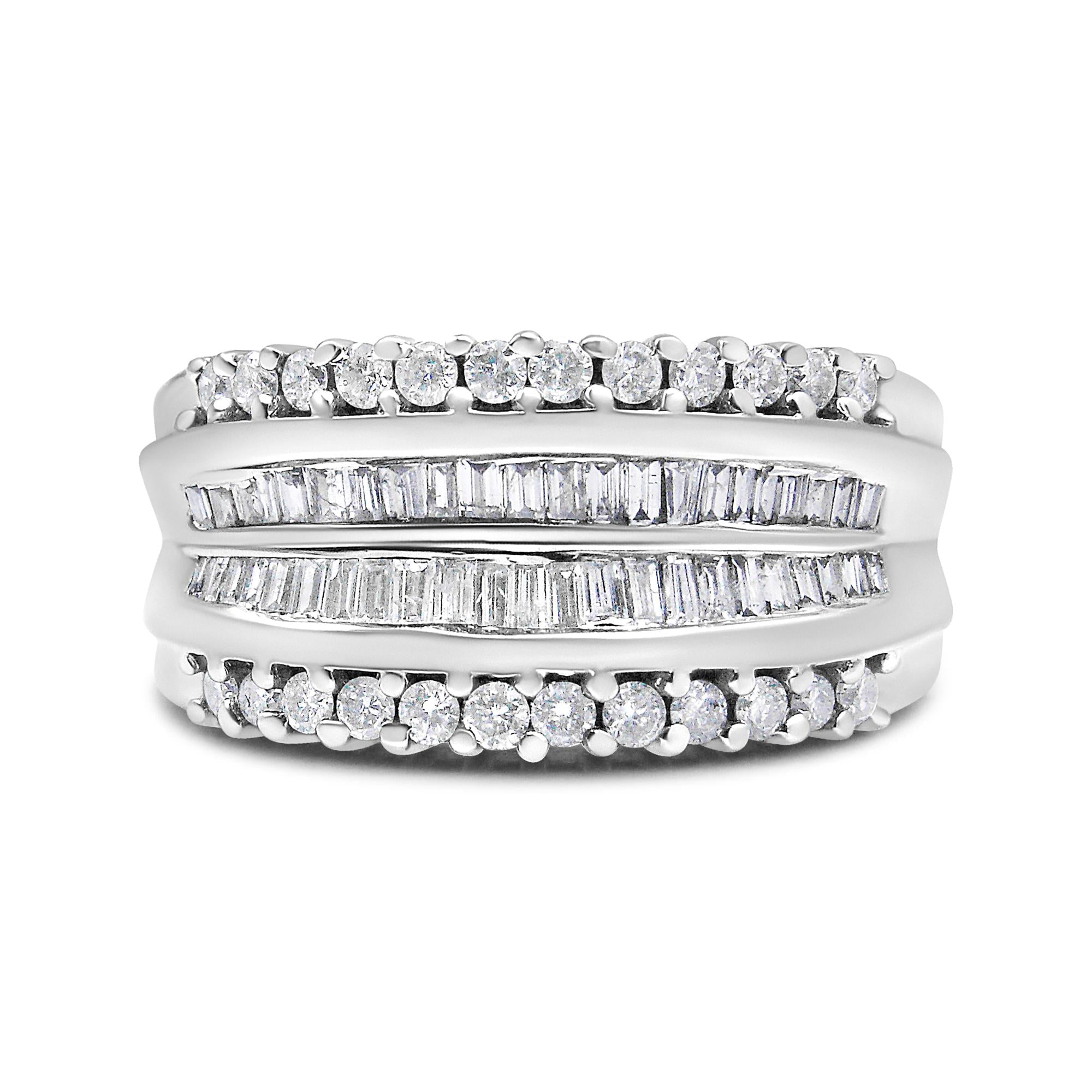 14K White Gold 1.00 Cttw Round and Baguette-Cut Diamond Modern Band Ring (H-I Color, SI2-I1 Clarity) - Friggin Jewelry Premium