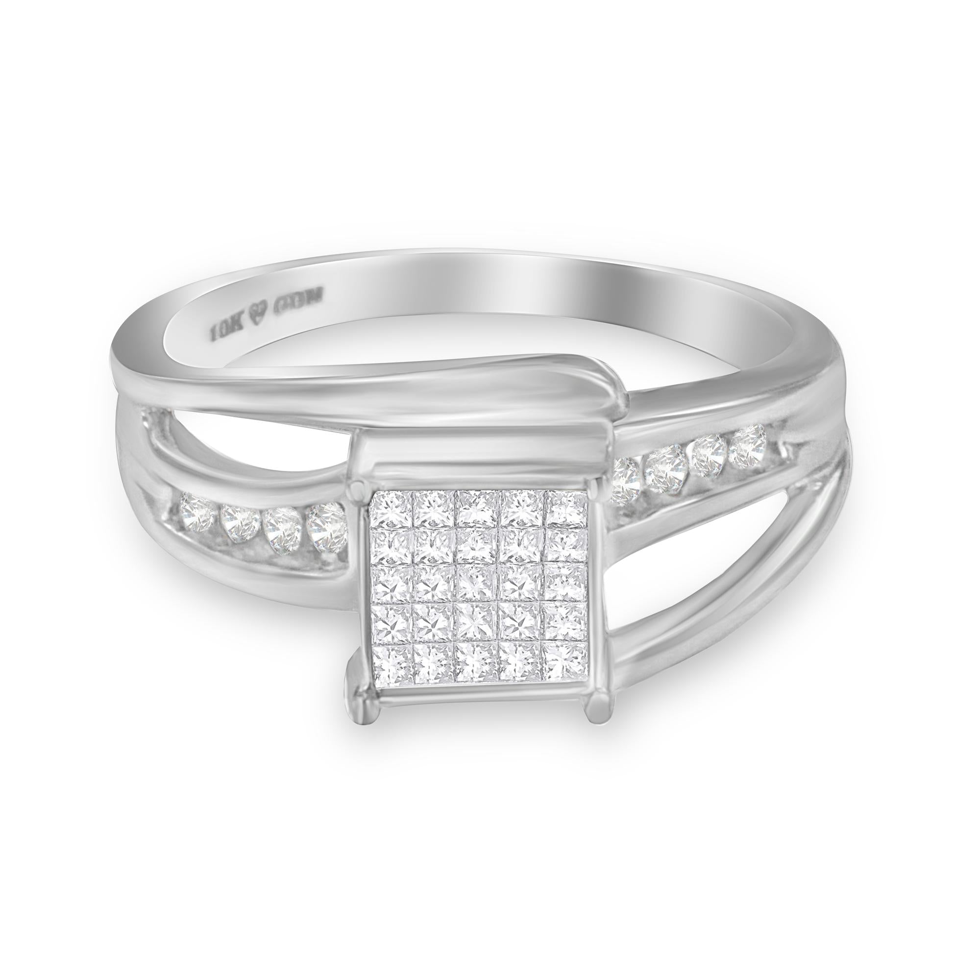 Anillo de oro blanco de 10 quilates con diamantes de talla princesa de 1/3 quilates engastados invisibles (color HI, claridad SI1-SI2) - Friggin Jewelry