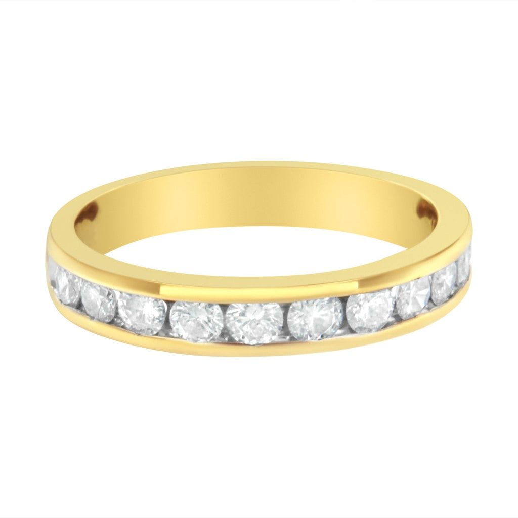 Anillo de aniversario/boda en oro amarillo de 18 quilates con certificación IGI, 1,0 cttw, diamantes de talla redonda engastados en canal y 11 piedras (color IJ, claridad I1-I2) - Friggin Jewelry