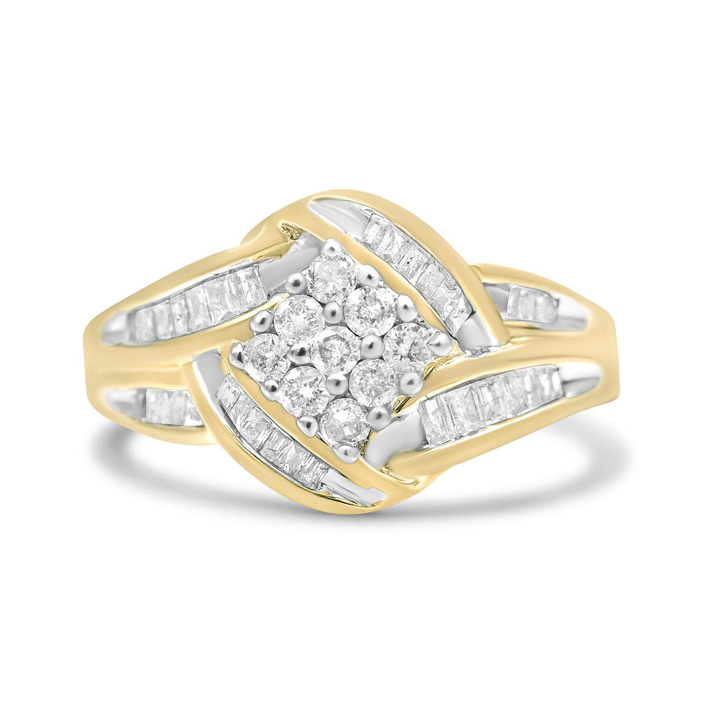 10K Yellow and White Gold 3/4 Cttw Diamond Cluster and Swirl Ring (H-I Color, I1-I2 Clarity) - Friggin Jewelry
