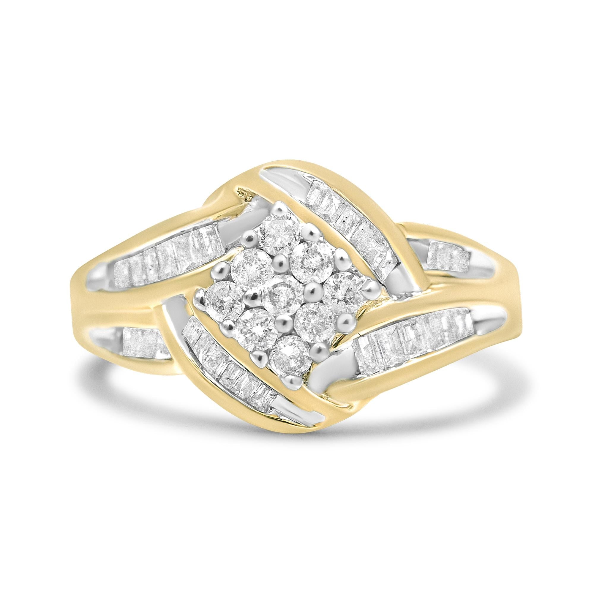 10K Yellow and White Gold 3/4 Cttw Diamond Cluster and Swirl Ring (H-I Color, I1-I2 Clarity) - Friggin Jewelry