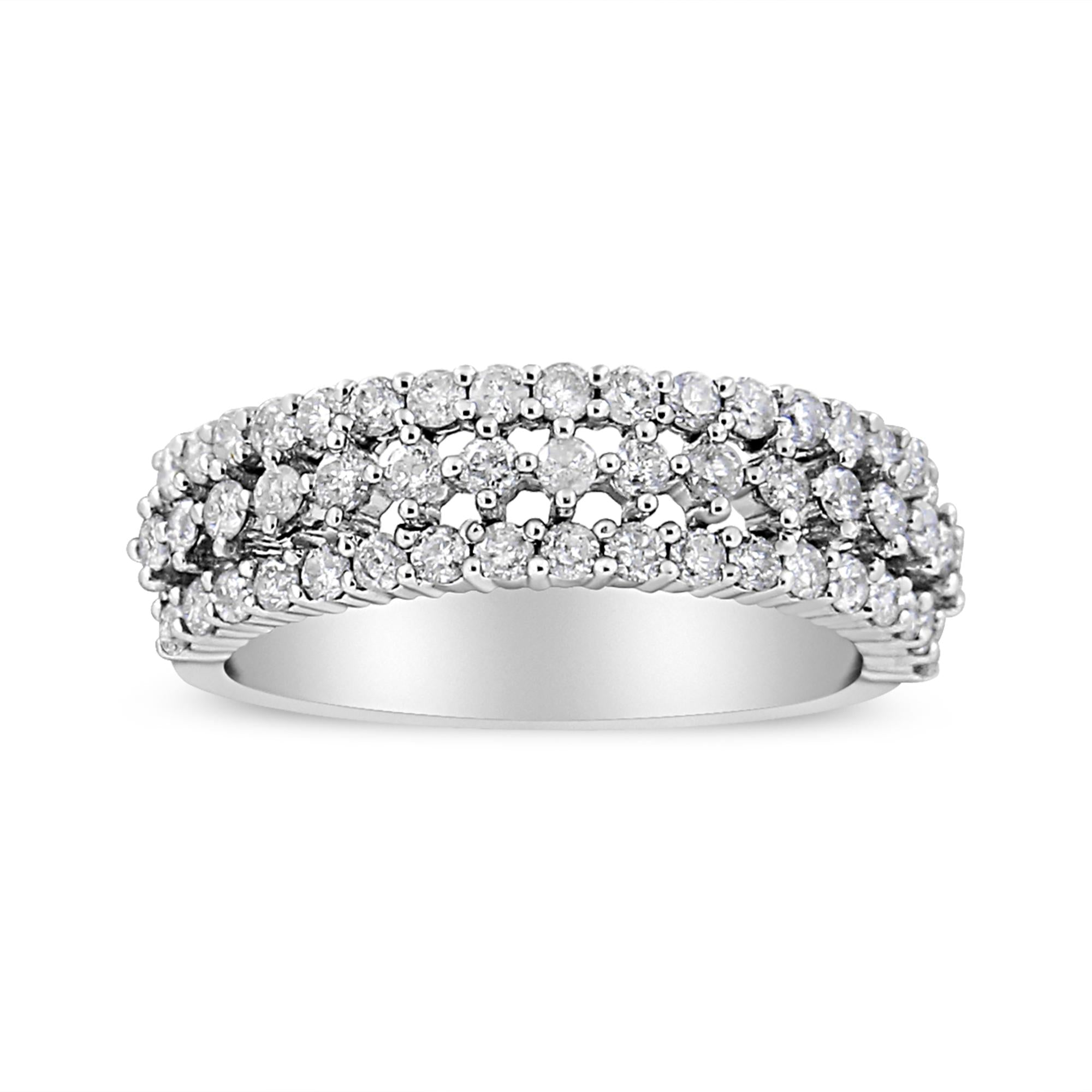 14K White Gold 1.0 Cttw Prong Set Round Diamond Split Shank Three Row Band Ring (H-I Color, I2-I3 Clarity) - Friggin Jewelry