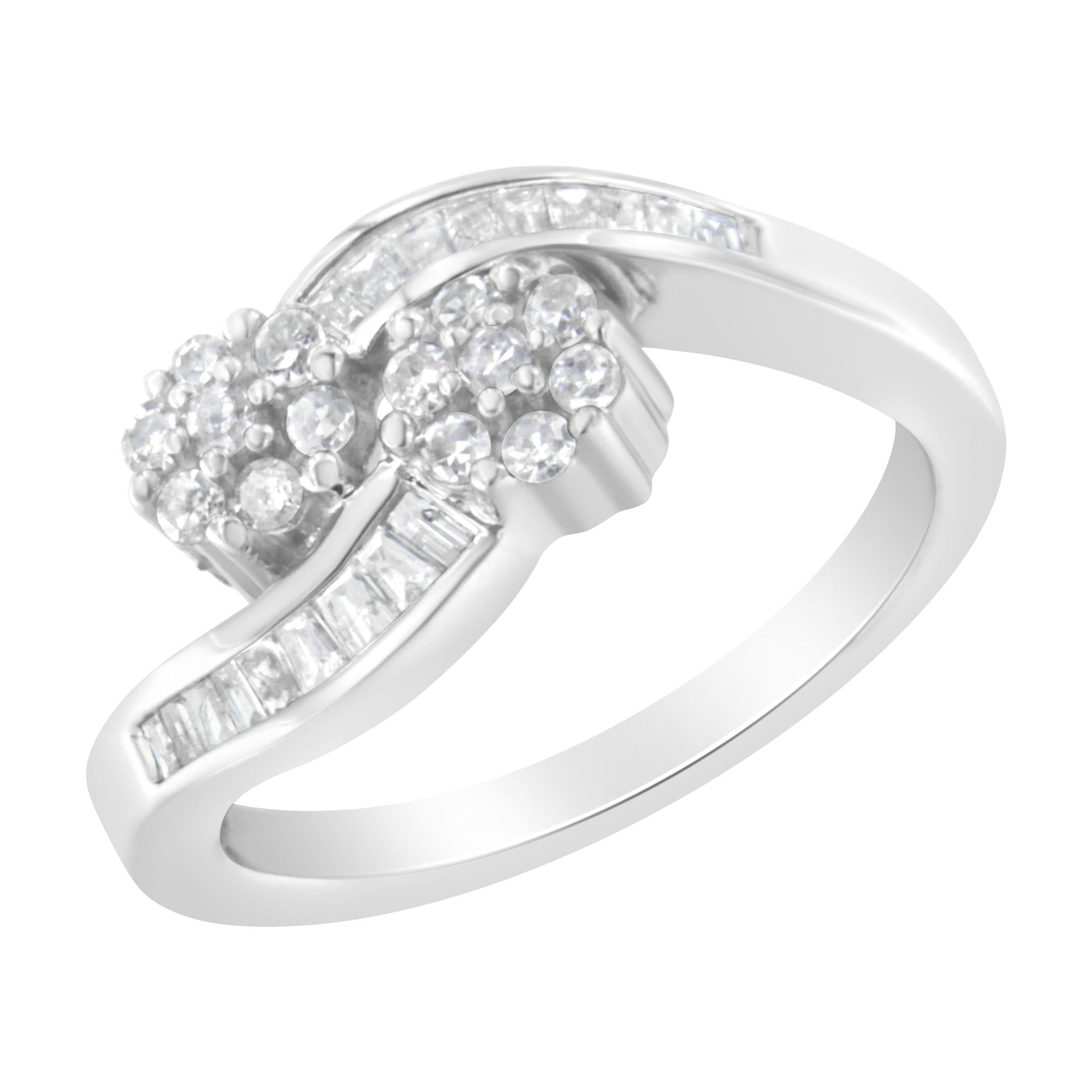14K White Gold Round and Baguette Diamond Bypass Ring (1/2 cttw, H-I Color, I1-I2 Clarity) - Friggin Jewelry