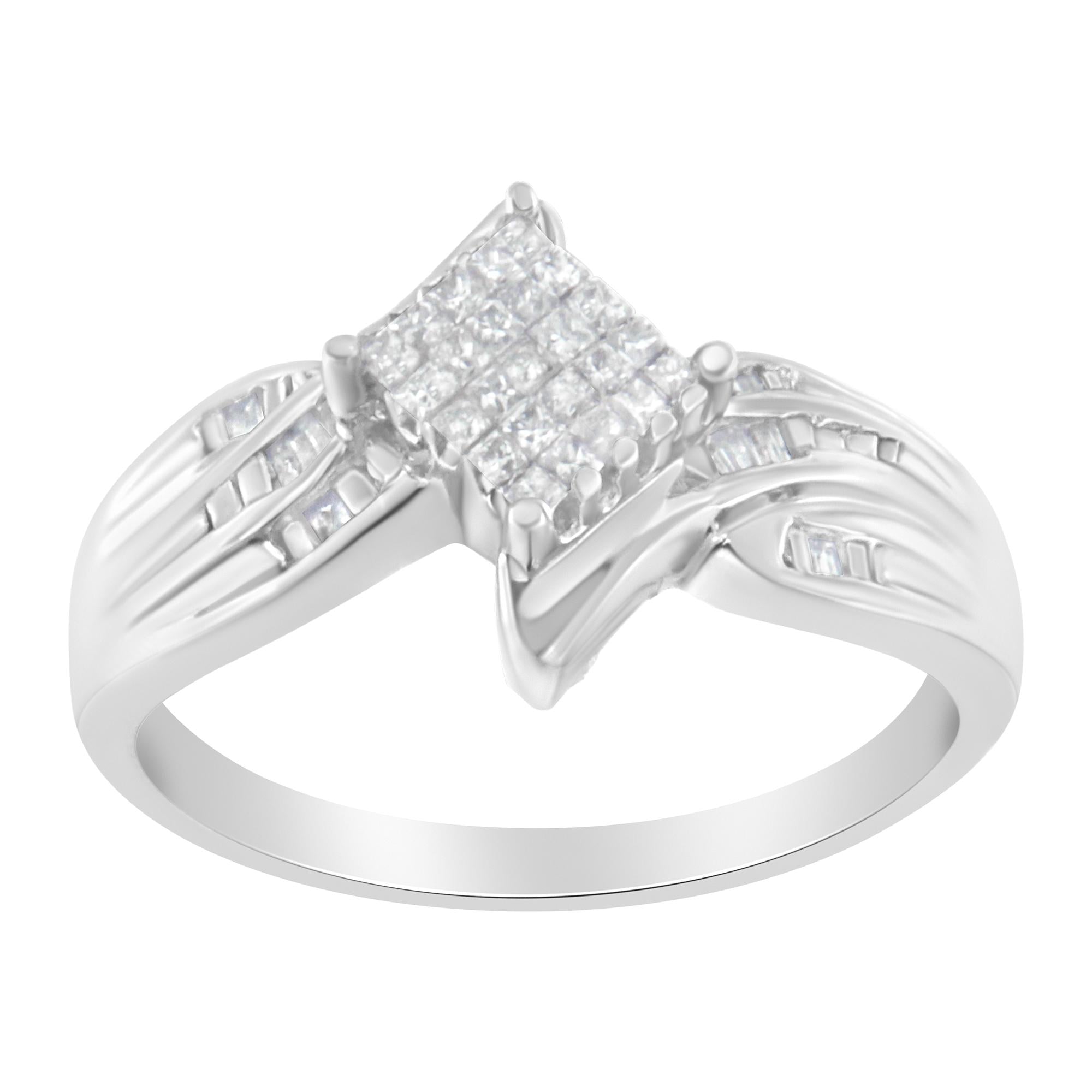10K White Gold 1/3 Cttw Princess and Baguette Cut Diamond Bypass Style Cocktail Ring (I-J Color, I1-I2 Clarity) - Friggin Jewelry