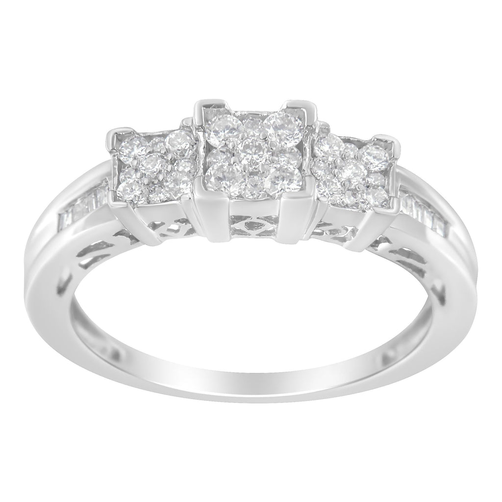 10K White Gold 1/2 Cttw Brilliant & Baguette Cut Diamond 3 Stone Design with 3 Square Clusters Engagement Ring (H-I Color, SI2-I1 Clarity) - Friggin Jewelry