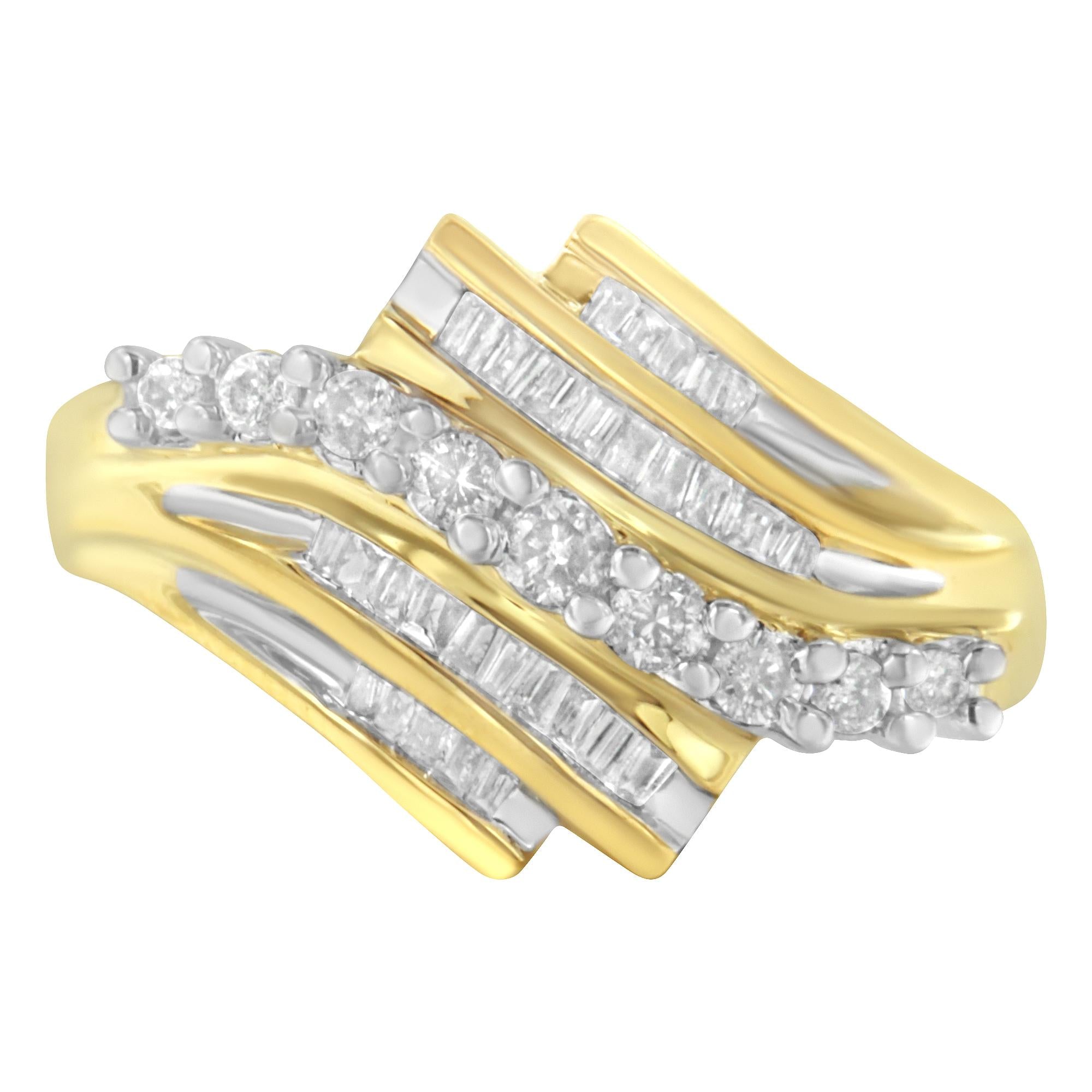 10K Yellow Gold Round and Baguette Diamond-Cut Ring (1/2 Cttw, I-J Color, I1-I2 Clarity) - Friggin Jewelry