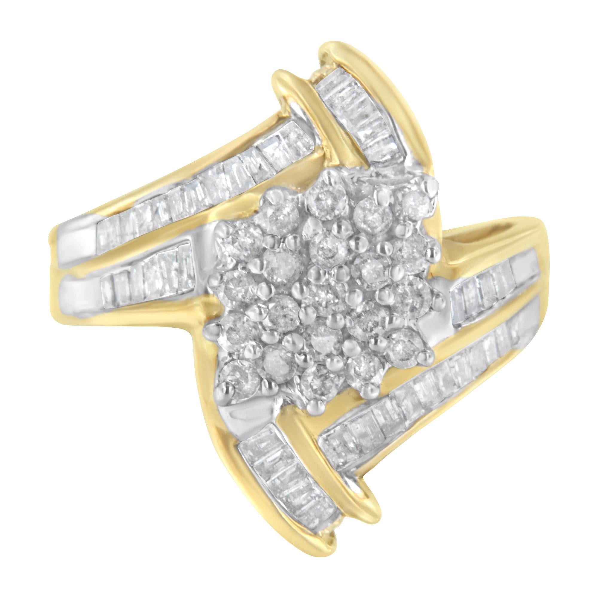 10K Yellow Gold Round and Baguette-Cut Diamond Bypass Cluster Ring (1.0 Cttw, I-J Color, I1-I2 Clarity) - Friggin Jewelry