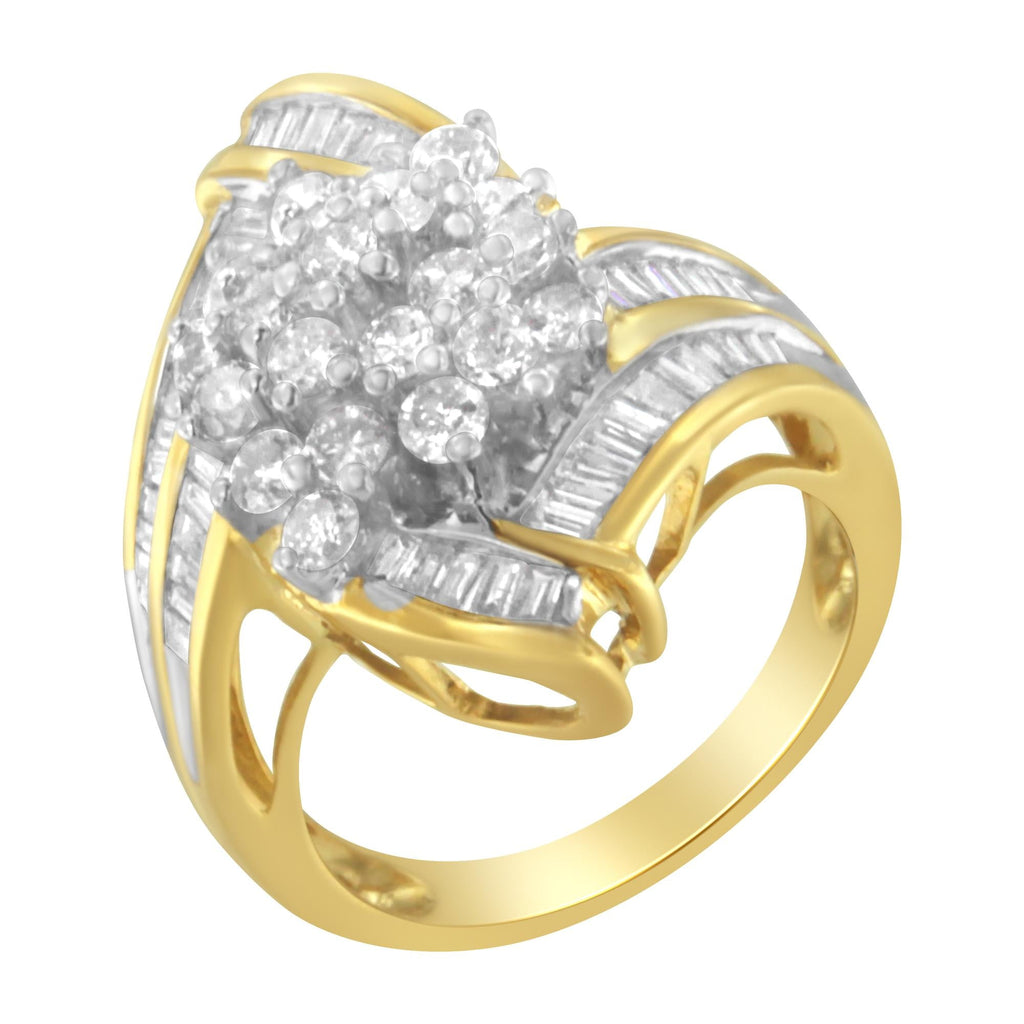 10K Yellow Gold Round and Baguette Diamond Swirl Ring (2.0 Cttw, J-K Color, I2 Clarity) - Friggin Jewelry Premium