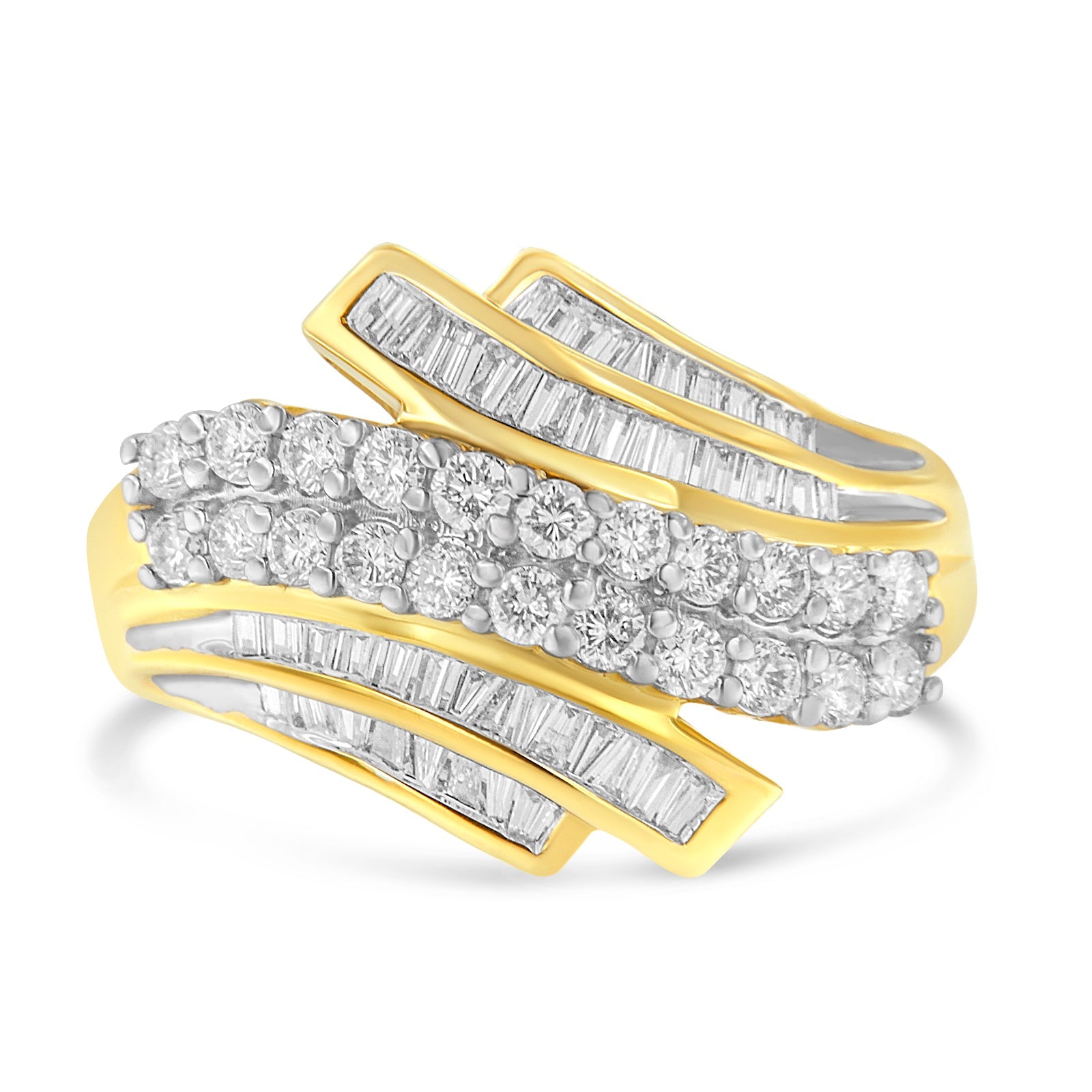 10K Yellow Gold 1.0 Cttw Round & Baguette Cut Diamond 64 Stone Bypass Style Channel Set Modern Statement Ring (H-I Color, SI1-SI2 Clarity) - Friggin Jewelry Premium
