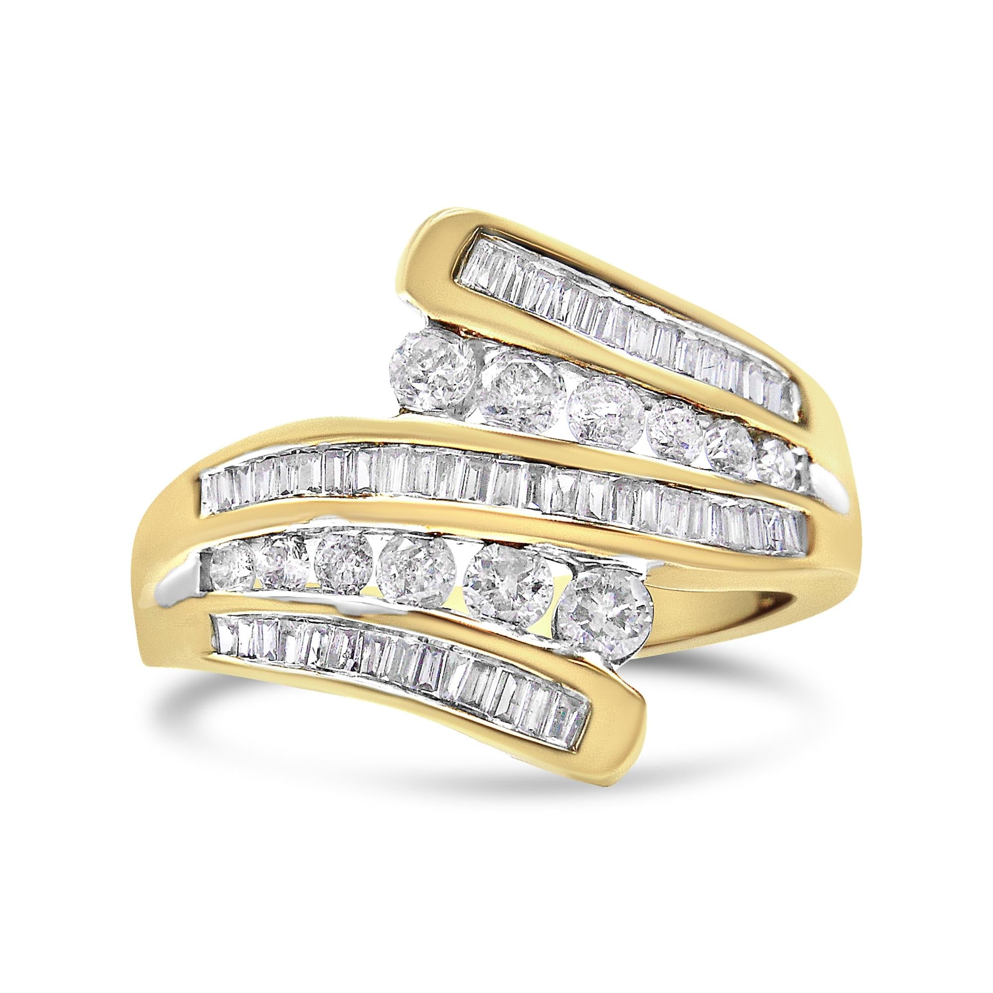 10K Yellow Gold 1 Cttw Round and Baguette-Cut Diamond Multi Row Bypass Ring Band (H-I Color, I1-I2 Clarity) - Friggin Jewelry