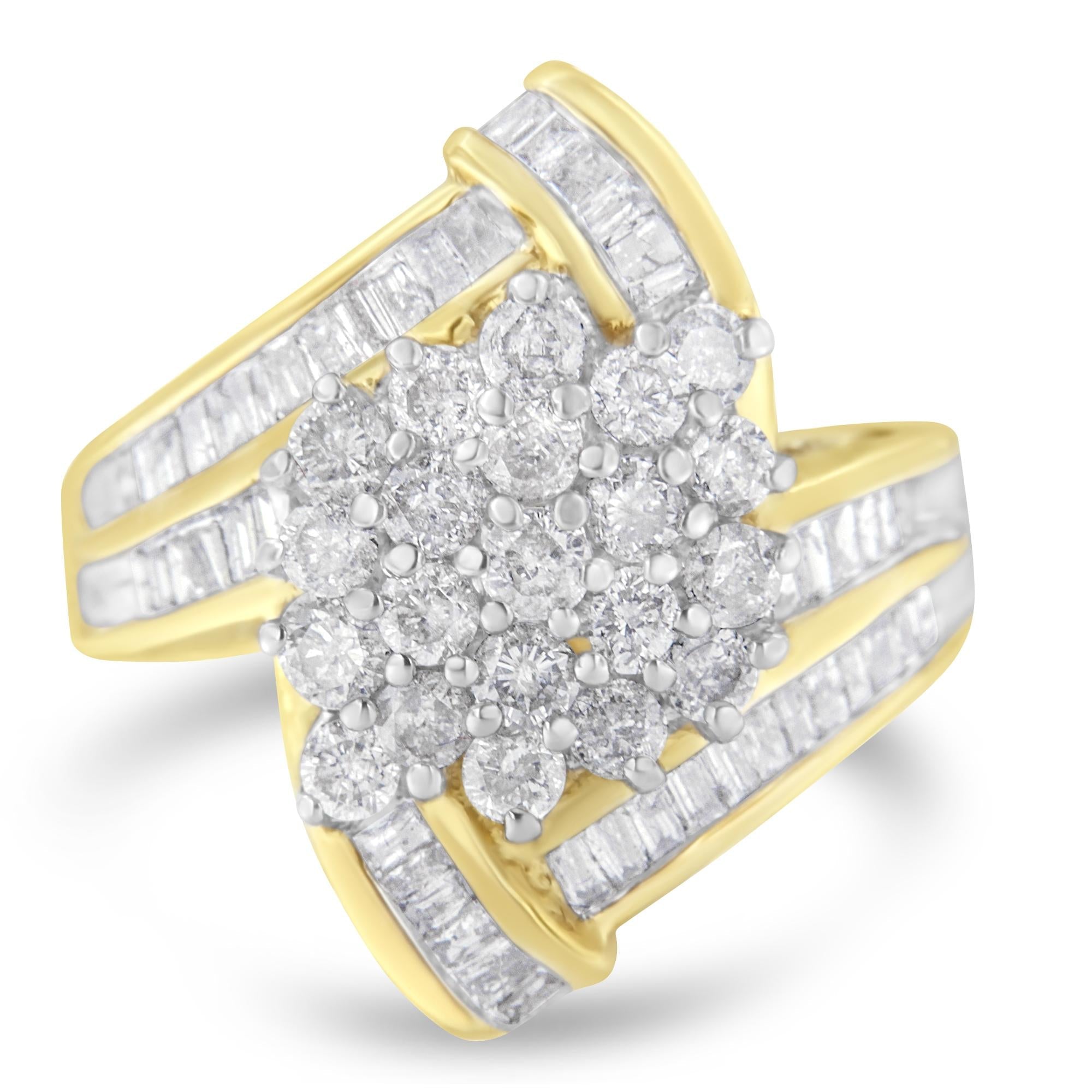 10K Yellow Gold Round and Baguette Diamond Crossover Cluster Ring (3 Cttw, I-J Color, I1-I2 Clarity) - Friggin Jewelry