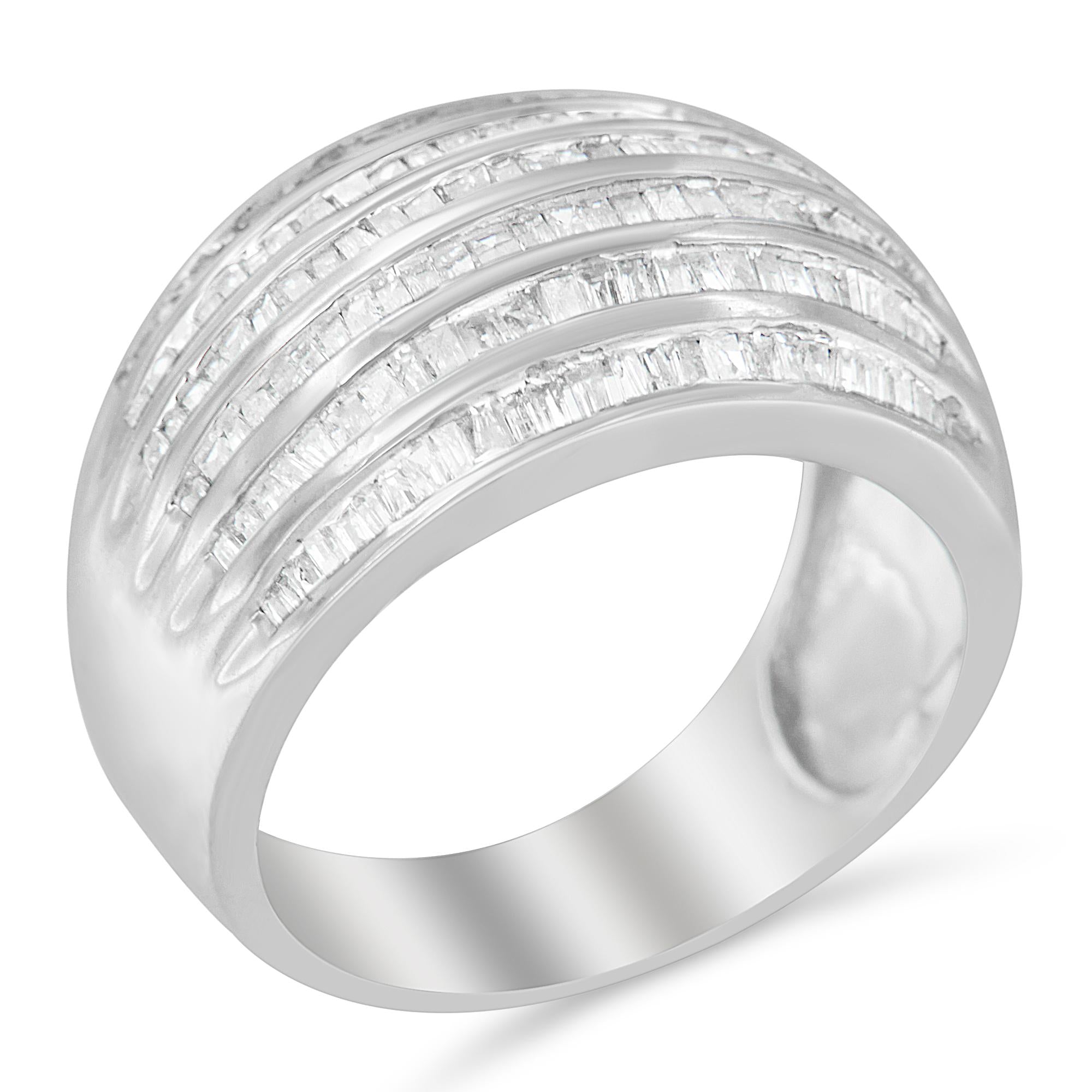 .925 Sterling Silver 1.0 Cttw Baguette-Cut Diamond 6-Row Channel Set Domed Tapered Cocktail Fashion Ring (H-I Color, I2-I3 Clarity) - Friggin Jewelry