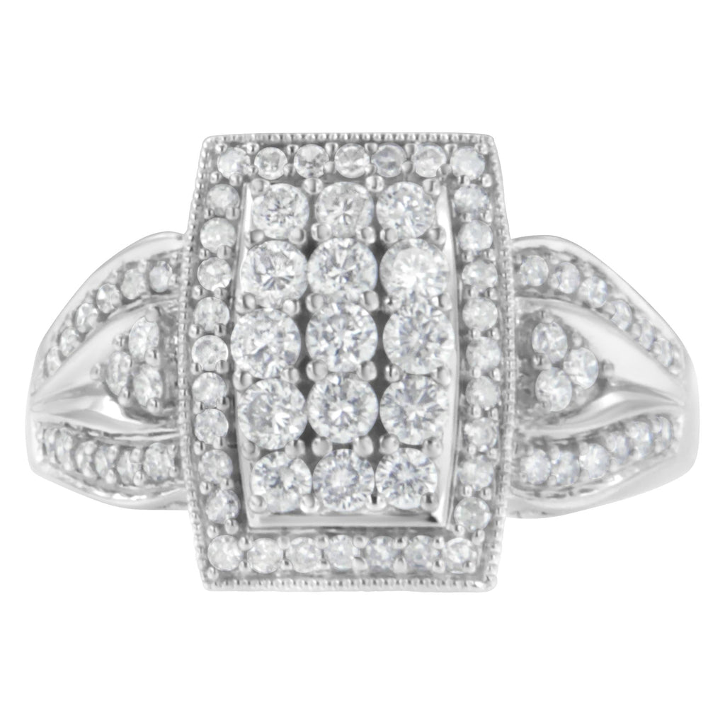 10K White Gold 1.0 Cttw Diamond Rectangular Cushion Shaped Cluster Halo Flared Band Cocktail Fashion Ring (H-I Color, SI2-I1 Clarity) - Friggin Jewelry Premium