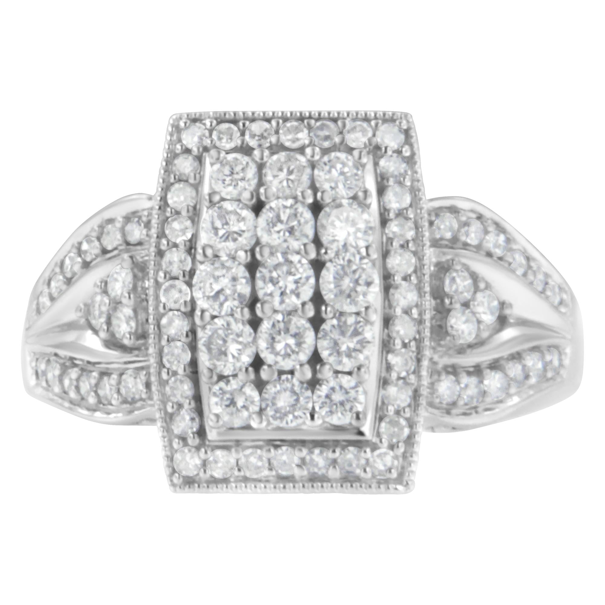 10K White Gold 1.0 Cttw Diamond Rectangular Cushion Shaped Cluster Halo Flared Band Cocktail Fashion Ring (H-I Color, SI2-I1 Clarity) - Friggin Jewelry