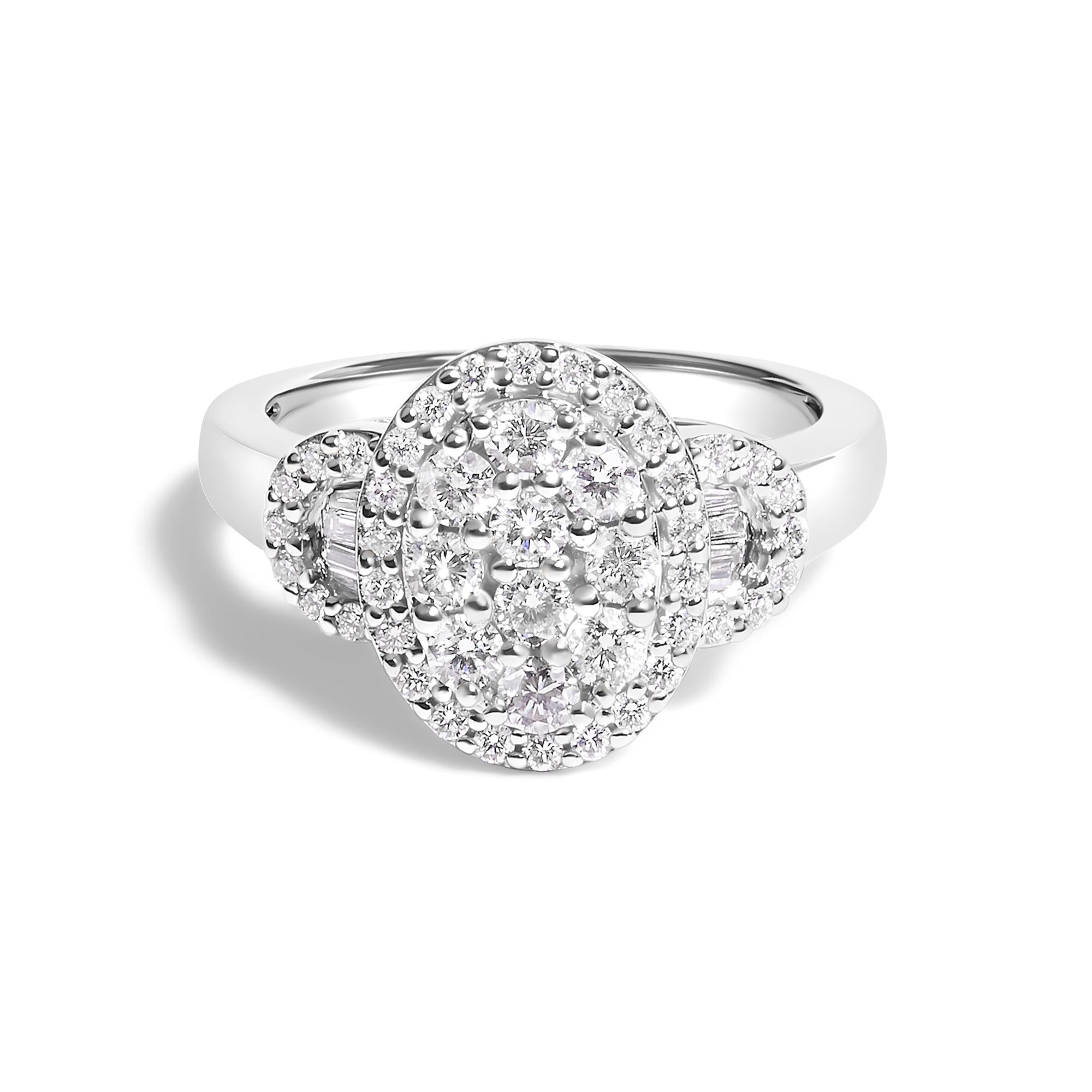 10K White Gold 1.0 Cttw Diamond Oval Cluster with Halo Vintage-Inspired Art Deco 3 Stone Style Statement Ring (G-H Color, SI1-SI2 Clarity) - Friggin Jewelry