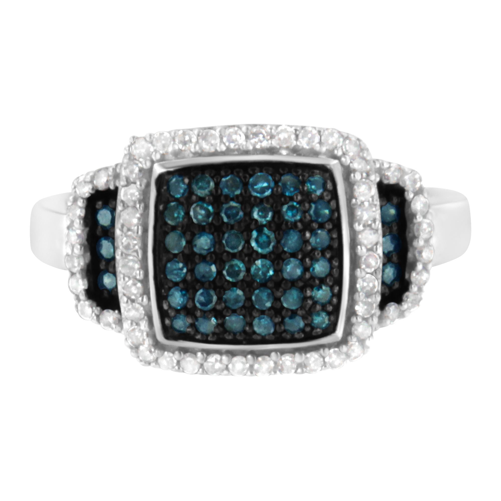 Black Rhodium Plated .925 Sterling Silver 1/2 Cttw White & Blue Diamond Square Halo Cocktail Ring (Fancy Blue & H-I Color, I2-I3 Clarity) - Friggin Jewelry