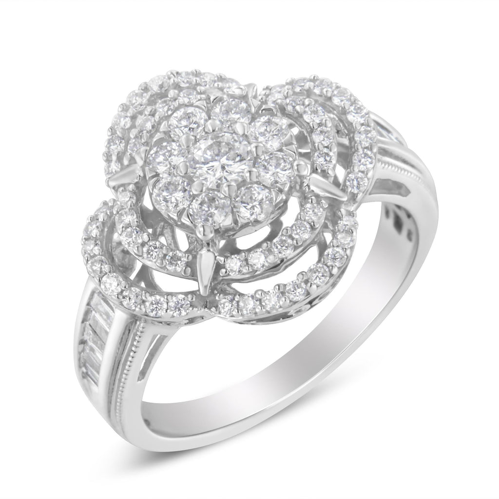 14K White Gold 1.0 Cttw Round & Baguette Cut Diamond Floral Cluster Quatrefoil Channel Set Band Cocktail Statement Ring (H-I Color, SI2-I1 Clarity) - Friggin Jewelry