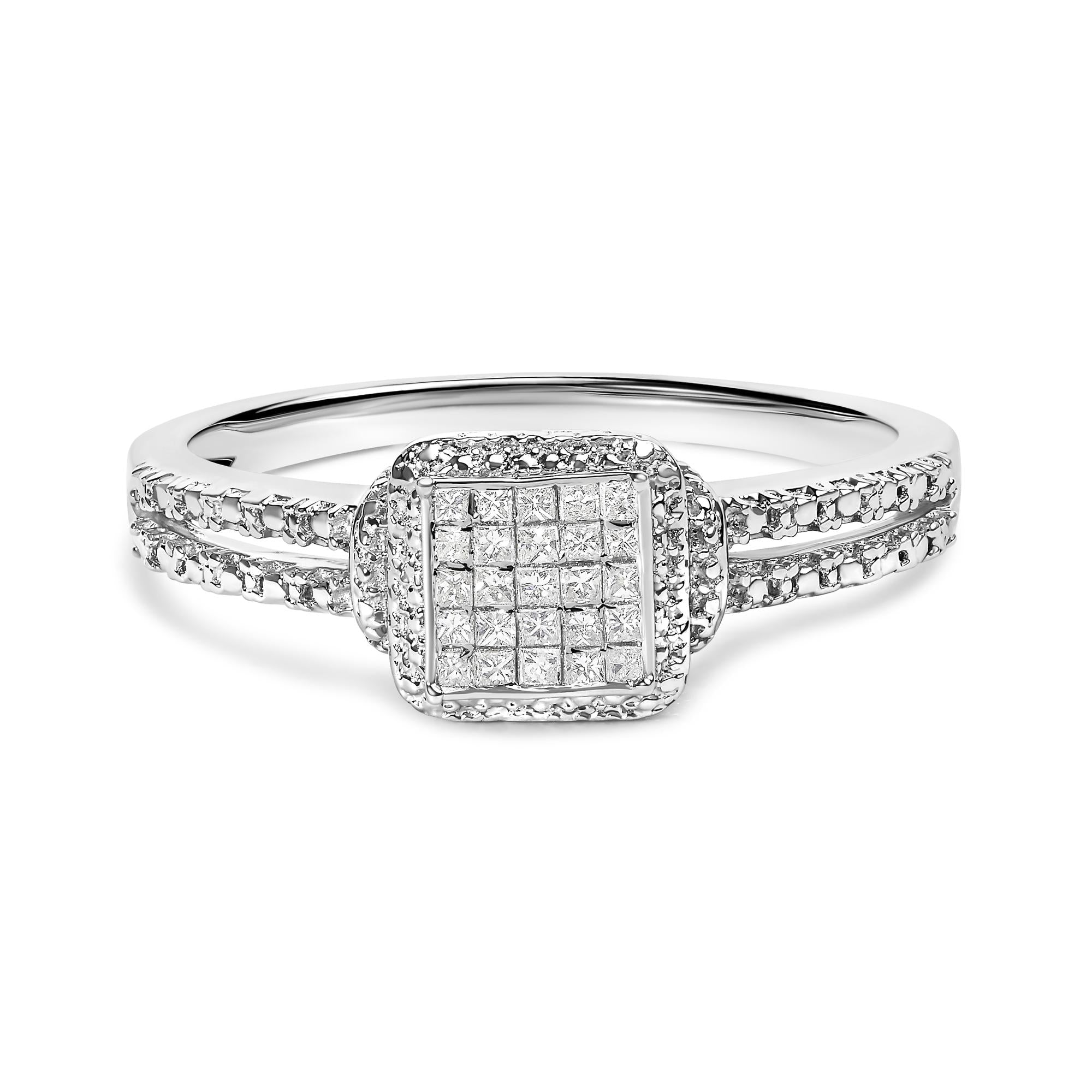 Anillo compuesto de diamantes de talla princesa de 1/4 ct en plata de ley 925 con halo de cuentas (color HI, claridad SI1-SI2) - Friggin Jewelry